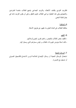 ‫المترددين‬ ‫خاصة‬ ‫الطالب‬ ‫يشجع‬ ‫الجماعي‬ ‫والترديد‬ ‫األخطاء‬ ‫يكشف‬ ‫الفردي‬ ‫فالترديد‬
‫في‬ ‫دائما‬ ‫الترديد‬ ‫يكون‬ ‫أن‬ ‫وعلى‬ ‫النطق‬ ‫تقويم‬ ‫الطالب‬ ‫يراعي‬ ‫الخطوة‬ ‫هذه‬ ‫والخجولين.وفي‬
.‫المعنى‬ ‫كاملة‬ ‫جمل‬
5-‫المناقشة‬
.‫األسئلة‬ ‫طريق‬ ‫عن‬ ‫عليهم‬ ‫المقروءة‬ ‫المادة‬ ‫فى‬ ‫الطالب‬ ‫مناقشة‬
6-‫التقييم‬
-.‫لزمالئهم‬ ‫شفوي‬ ‫تقرير‬ ‫تقديم‬ ‫و‬ ‫بتلخيص‬ ‫الطالب‬ ‫بعض‬ ‫تكليف‬
-‫بغرض‬ ‫أسئلة‬ ‫القاء‬.‫إليه‬ ‫وصلوا‬ ‫الذي‬ ‫مستواهم‬ ‫قياس‬ ‫و‬ ‫الطالب‬ ‫أداء‬ ‫تقويم‬
7-‫المعينة‬ ‫الوسائل‬
‫الصوتي‬ ‫كالتسجيل‬ ‫االستماع‬ ‫لدرس‬ ‫المالئمة‬ ‫اإليضاح‬ ‫وسائل‬ ‫أو‬ ‫المعينة‬ ‫الوسائل‬ ‫استعمال‬
.‫الصورة‬ ‫مع‬ ‫تسجيل‬ ‫أو‬
 