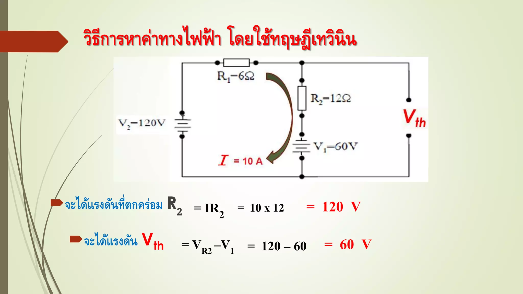 วิธีการหาค่าทางไฟฟ้ า โดยใช้ทฤษฎีเทวินิน
จะได้แรงดันที่ตกคร่อม R2 = IR2 = 10 x 12 = 120 V
จะได้แรงดัน Vth = VR2 –V1 = 120 – 60 = 60 V
 