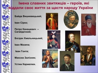 • Байда Вишневецький;
• Іван Сірко;
• Петро Канашевич –
Сагайдачний;
• Богдан Хмельницький;
• Іван Мазепа;
• Іван Гонта;
• Максим Залізняк;
• Устим Кармелюк.
Імена славних звитяжців – героїв, які
віддали своє життя за щастя народу України
 