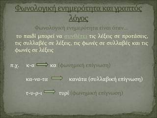 Φωνολογική ενημερότητα είναι όταν…
το παιδί μπορεί να συνθέτει τις λέξεις σε προτάσεις,
τις συλλαβές σε λέξεις, τις φωνές σε συλλαβές και τις
φωνές σε λέξεις
π.χ. κ-α κα (φωνημική επίγνωση)
κα-να-τα κανάτα (συλλαβική επίγνωση)
τ-υ-ρ-ι τυρί (φωνημική επίγνωση)
 