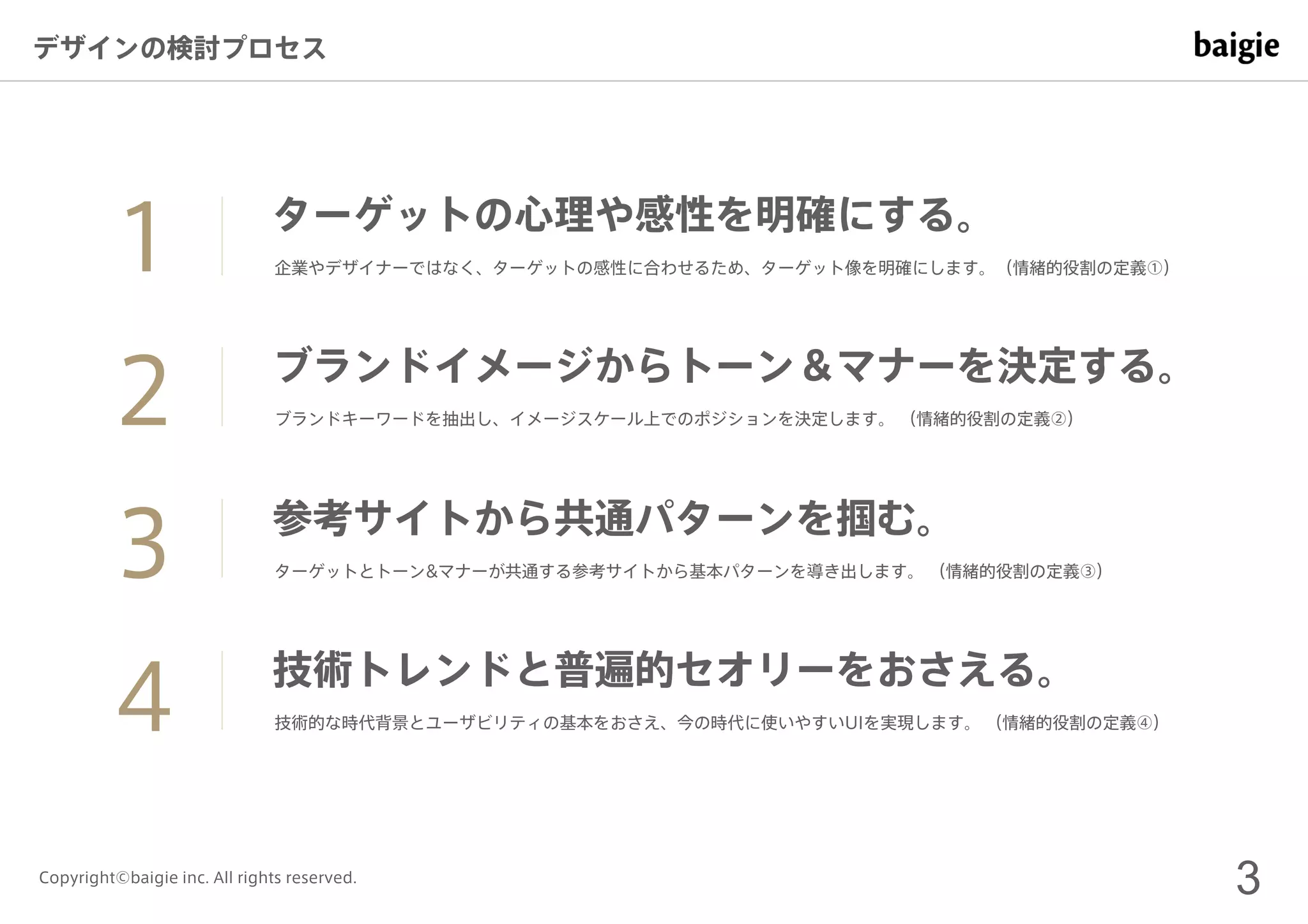 3Copyright©baigie inc. All rights reserved.
デザインの検討プロセス
ターゲットの心理や感性を明確にする。
企業やデザイナーではなく、ターゲットの感性に合わせるため、ターゲット像を明確にします。（情緒的役割の定義①）
技術トレンドと普遍的セオリーをおさえる。
技術的な時代背景とユーザビリティの基本をおさえ、今の時代に使いやすいUIを実現します。 （情緒的役割の定義④）
ブランドイメージからトーン＆マナーを決定する。
ブランドキーワードを抽出し、イメージスケール上でのポジションを決定します。 （情緒的役割の定義②）2
4
参考サイトから共通パターンを掴む。
ターゲットとトーン&マナーが共通する参考サイトから基本パターンを導き出します。 （情緒的役割の定義③）3
1
 