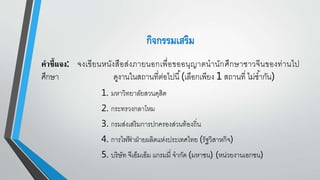 กิจกรรมเสริม
คาชี้แจง: จงเขียนหนังสือส่งภายนอกเพื่อขออนุญาตนานักศึกษาชาวจีนของท่านไป
ศึกษา ดูงานในสถานที่ต่อไปนี้(เลือกเพียง 1 สถานที่ ไม่ซ้ากัน)
1. มหาวิทยาลัยสวนดุสิต
2. กระทรวงกลาโหม
3. กรมส่งเสริมการปกครองส่วนท้องถิ่น
4. การไฟฟ้ าฝ่ายผลิตแห่งประเทศไทย (รัฐวิสาหกิจ)
5. บริษัท จีเอ็มเอ็ม แกรมมี่ จากัด (มหาชน) (หน่วยงานเอกชน)
 
