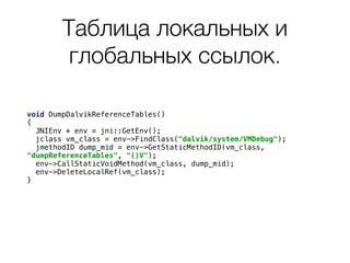Таблица локальных и
глобальных ссылок.
void DumpDalvikReferenceTables() 
{ 
JNIEnv * env = jni::GetEnv(); 
jclass vm_class = env->FindClass("dalvik/system/VMDebug"); 
jmethodID dump_mid = env->GetStaticMethodID(vm_class,
"dumpReferenceTables", "()V"); 
env->CallStaticVoidMethod(vm_class, dump_mid); 
env->DeleteLocalRef(vm_class); 
}
 