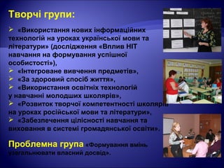 Творчі групи:
 «Використання нових інформаційних
технологій на уроках української мови та
літератури» (дослідження «Вплив НІТ
навчання на формування успішної
особистості»),
 «Інтегроване вивчення предметів»,
 «За здоровий спосіб життя»,
 «Використання освітніх технологій
у навчанні молодших школярів»,
 «Розвиток творчої компетентності школярів
на уроках російської мови та літератури»,
 «Забезпечення цілісності навчання та
виховання в системі громадянської освіти».
Проблемна група «Формування вмінь
узагальнювати власний досвід».
 