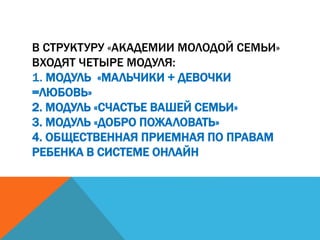 В СТРУКТУРУ «АКАДЕМИИ МОЛОДОЙ СЕМЬИ»
ВХОДЯТ ЧЕТЫРЕ МОДУЛЯ:
1. МОДУЛЬ «МАЛЬЧИКИ + ДЕВОЧКИ
=ЛЮБОВЬ»
2. МОДУЛЬ «СЧАСТЬЕ ВАШЕЙ СЕМЬИ»
3. МОДУЛЬ «ДОБРО ПОЖАЛОВАТЬ»
4. ОБЩЕСТВЕННАЯ ПРИЕМНАЯ ПО ПРАВАМ
РЕБЕНКА В СИСТЕМЕ ОНЛАЙН
 