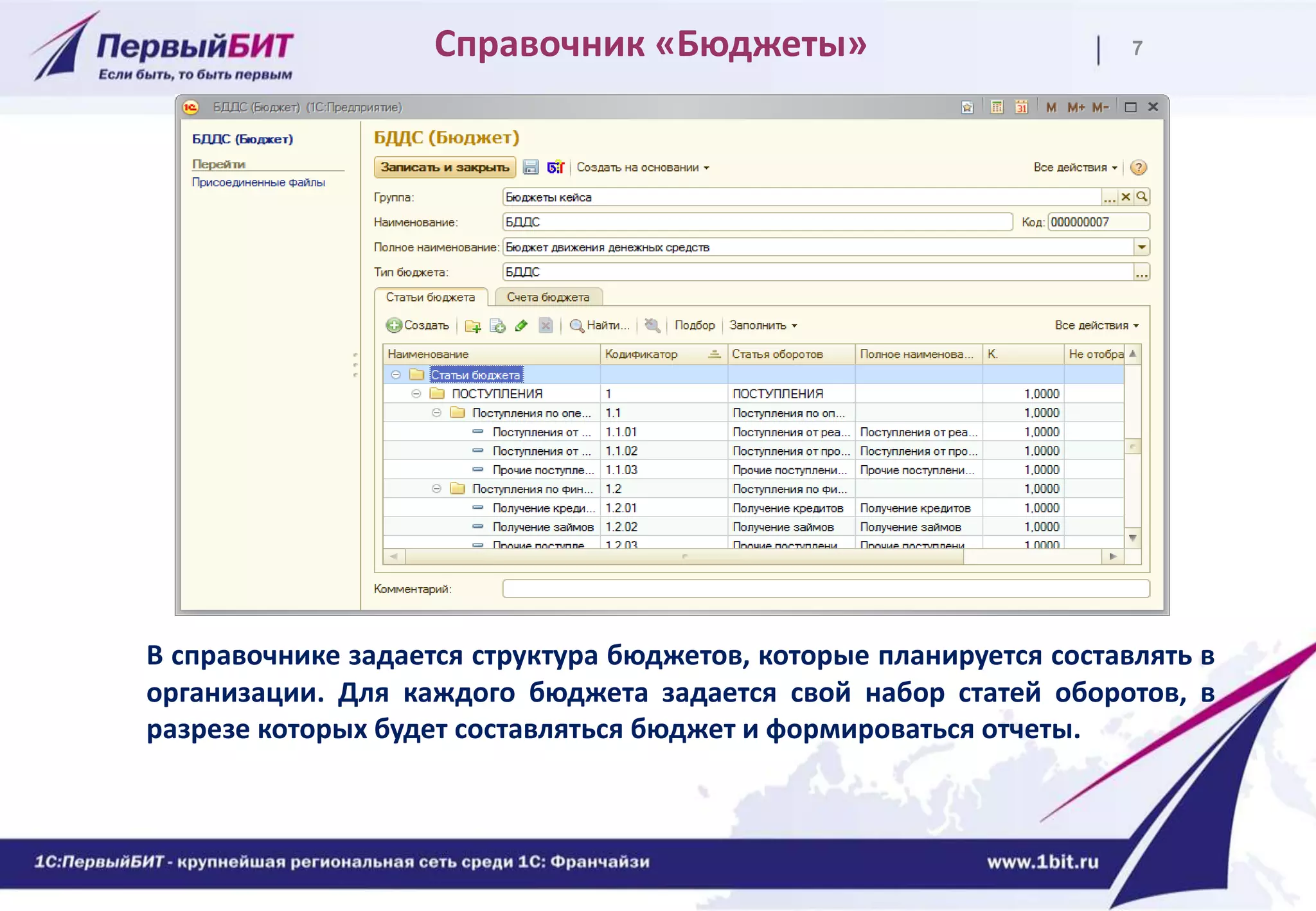 7Справочник «Бюджеты»
В справочнике задается структура бюджетов, которые планируется составлять в
организации. Для каждого бюджета задается свой набор статей оборотов, в
разрезе которых будет составляться бюджет и формироваться отчеты.
 