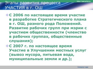 Этапы развития процесса
УЧАСТИЯ в г. ОШ
С 2006 по настоящее время участие
в разработке Стратегического плана
в г. ОШ, разного рода Положений.
Развитие рабочих групп при мэрии с
участием общественности (членство
в рабочих группах, общественные
слушания);
С 2007 г. по настоящее время
Участие в Улучшении местных услуг
(вывоз мусора, питьевая вода,
муниципальные земли и др.);
http://ppt.prtxt.ru
Company Logo
 
