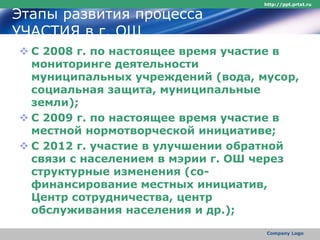 Этапы развития процесса
УЧАСТИЯ в г. ОШ
 С 2008 г. по настоящее время участие в
мониторинге деятельности
муниципальных учреждений (вода, мусор,
социальная защита, муниципальные
земли);
 С 2009 г. по настоящее время участие в
местной нормотворческой инициативе;
 С 2012 г. участие в улучшении обратной
связи с населением в мэрии г. ОШ через
структурные изменения (со-
финансирование местных инициатив,
Центр сотрудничества, центр
обслуживания населения и др.);
http://ppt.prtxt.ru
Company Logo
 