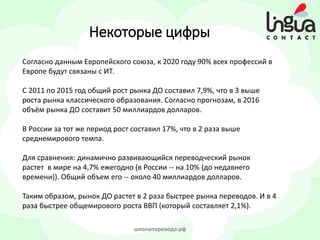 школаперевода.рф
Согласно данным Европейского союза, к 2020 году 90% всех профессий в
Европе будут связаны с ИТ.
С 2011 по 2015 год общий рост рынка ДО составил 7,9%, что в 3 выше
роста рынка классического образования. Согласно прогнозам, в 2016
объём рынка ДО составит 50 миллиардов долларов.
В России за тот же период рост составил 17%, что в 2 раза выше
среднемирового темпа.
Для сравнения: динамично развивающийся переводческий рынок
растет в мире на 4,7% ежегодно (в России -- на 10% (до недавнего
времени)). Общий объем его -- около 40 миллиардов долларов.
Таким образом, рынок ДО растет в 2 раза быстрее рынка переводов. И в 4
раза быстрее общемирового роста ВВП (который составляет 2,1%).
Некоторые цифры
 