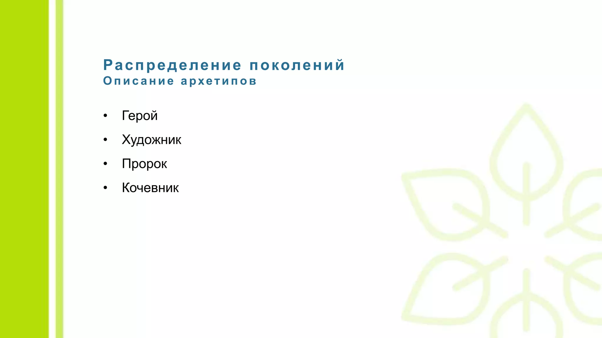 Распределение поколений
О п и с а н и е а рхети п о в
• Герой
• Художник
• Пророк
• Кочевник
 