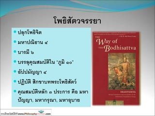 โพธิสัตวจรรยา
 ปลุกโพธิจิต
 มหาปณิธาน ๔
 บารมี ๖
 บรรลุคุณสมบัติใน “ภูมิ ๑๐”
 อัปปมัญญา ๔
 ปฏิบัติ สิกขาบทพระโพธิสัตว์
 คุณสมบัติหลัก ๓ ประการ คือ มหา
ปัญญา, มหากรุณา, มหาอุบาย
 