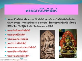 พระฌานิโพธิสัตว์
 พระฌานิโพธิสัตว์ หรือ พระธยานิโพธิสัตว์ หมายถึง พระโพธิสัตว์ที่เกิดขึ้นด้วย
อานาจฌานของ “พระธยานิพุทธะ” ๕ พระองค์ ซึ่งพระธยานิโพธิสัตว์องค์สาคัญ
ที่มีชื่อเสียง เป็นที่รู้จักกันทั่วไปในฝ่ายมหายาน มีดังนี้
 พระอวโลกิเตศวรโพธิสัตว์
 พระมัญชุศรีโพธิสัตว์
 พระสมันตภัทรโพธิสัตว์
 พระวัชรปาณีโพธิสัตว์
 พระมหาสถามปราปพระโพธิสัตว์
 พระกษิติครรภ์โพธิสัตว์
 พระอริยเมตตรัยโพธิสัตว์
 
