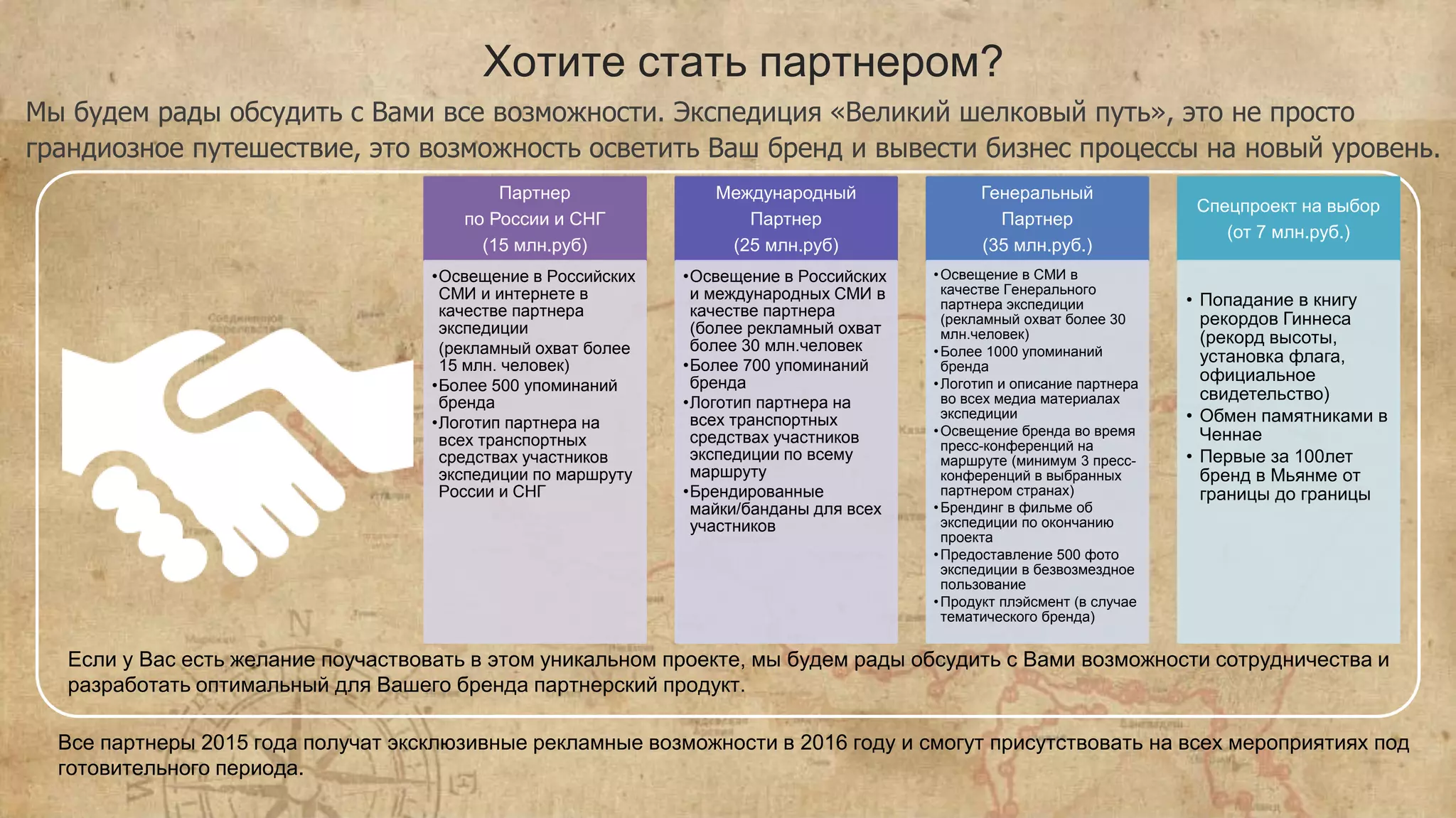 • Asia Safari Партнер на отрезке Камбоджа-Турция. Организаторы
мотопробегов по Сафари и иных экстремальных форм досуга.
• Смешивая инициативу и инновации! Катализатор тактически
надежных ресурсов, рациональный исполнитель, для управления
событиями. Использовать весь потенциал, содействуя дальновидности
и стратегическим целям. Десятилетний опыт работы в качестве
компании сопровождения автопробегов.
• Алена Дудашвили - партнер на отрезке Москва - Лаос - Бутан -
Мьянма – Непал. Директор в International travel Center "Asia
Mountains"
ДРУГИЕ ПАРТНЕРЫ
 