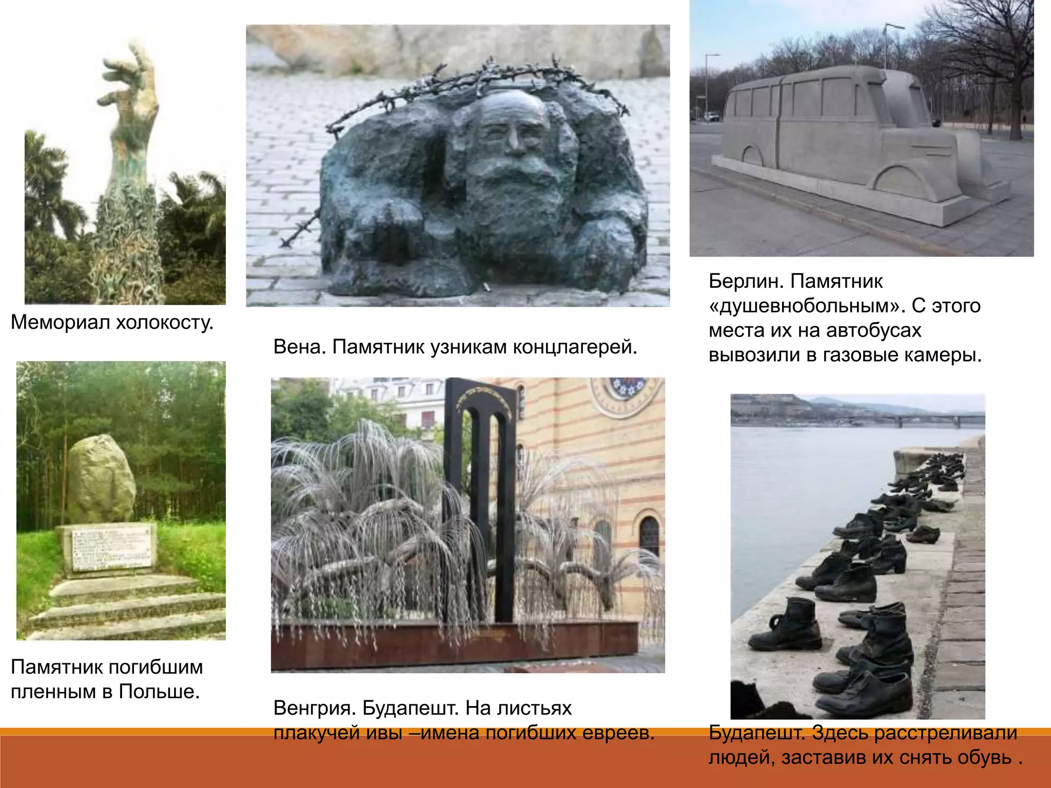Мемориал холокосту.
Памятник погибшим
пленным в Польше.
Берлин. Памятник
«душевнобольным». С этого
места их на автобусах
вывозили в газовые камеры.Вена. Памятник узникам концлагерей.
Будапешт. Здесь расстреливали
людей, заставив их снять обувь .
Венгрия. Будапешт. На листьях
плакучей ивы –имена погибших евреев.
 