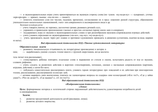 — в звукоподражательных играх учить ориентироваться на звуковую сторону слова (пе- тушок: «ку-ка-ре-ку» — кукарекает, уточка:
«кря-кря-кря» — крякает, мышка: «пи-пи-пи» — пищит);
— помогать изменению слов (по числам, падежам, временам), согласованию их в пред- ложениях разной структуры, образованию
уменьшительно-ласкательных наименований, глаго- лов совершенного и несовершенного вида и др.
Звуковая культура речи:
— учить говорить внятно, не торопясь, достаточно громко, развивать речевой слух;
— упражнять в правильном произношении гласных и простых согласных (кроме шипя- щих и сонорных);
— поддерживать игры со звуками в звукоподражательных словах и при разнообразном звуковом сопровождении игровых действий;
— учить узнавать персонажи по звукоподражанию («ко-ко», «му-му», «ку-ка-ре-ку»);
— учить производить выдох через рот плавно и протяжно (дуновением приводить в движение султанчики, лодочки на воде, шарики
из ваты).
Вид образовательной деятельности (ОД) «Чтение художественной литературы»
Образовательные задачи
— развивать эмоциональную отзывчивость на литературные произведения и интерес к
ним; — вырабатывать умение слушать чтение вместе с группой сверстников, когда воспита-
тель читает или рассказывает;
— стимулировать ребенка повторять отдельные слова и выражения из стихов и сказок, испытывать радость от игр со звуками,
словами, рифмами;
— учить следить за развитием действия в коротких стихотворениях, потешках, сказках с наглядным сопровождением (картинки,
игрушки, действия), а затем без него;
— побуждать самостоятельно рассматривать книги, узнавать героев литературных про- изведений и их действия при многократном
чтении, рассказывании, рассматривании иллюстра- ций;
— активно выражать свои впечатления, отвечать на элементарные вопросы по содержа- нию иллюстраций («Кто это?», «Где у зайки
ушки?», «Что он делает?», «Где мышка?-», «А это что?»).
Вид образовательной деятельности (ОД)
«Изобразительная деятельность»
«Лепка»
Цель: формирование интереса к эстетической стороне окружающей действительности, удовлетворение потребности детей
в самовыражении.
Задачи:
1. развитие продуктивной деятельности детей (рисование, лепка);
2. развитие детского творчества;
 