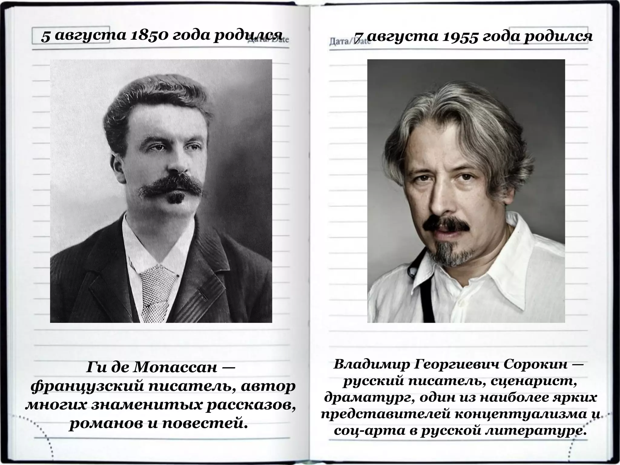 Ги де Мопассан —
французский писатель, автор
многих знаменитых рассказов,
романов и повестей.
5 августа 1850 года родился
Владимир Георгиевич Сорокин —
русский писатель, сценарист,
драматург, один из наиболее ярких
представителей концептуализма и
соц-арта в русской литературе.
7 августа 1955 года родился
 