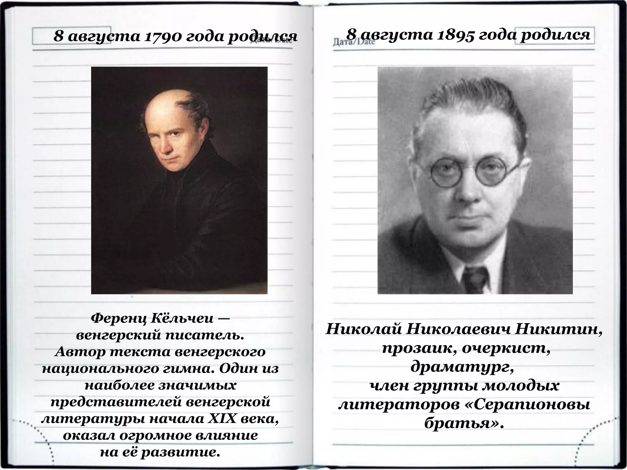 Ференц Кёльчеи —
венгерский писатель.
Автор текста венгерского
национального гимна. Один из
наиболее значимых
представителей венгерской
литературы начала XIX века,
оказал огромное влияние
на её развитие.
8 августа 1790 года родился
Николай Николаевич Никитин,
прозаик, очеркист,
драматург,
член группы молодых
литераторов «Серапионовы
братья».
8 августа 1895 года родился
 