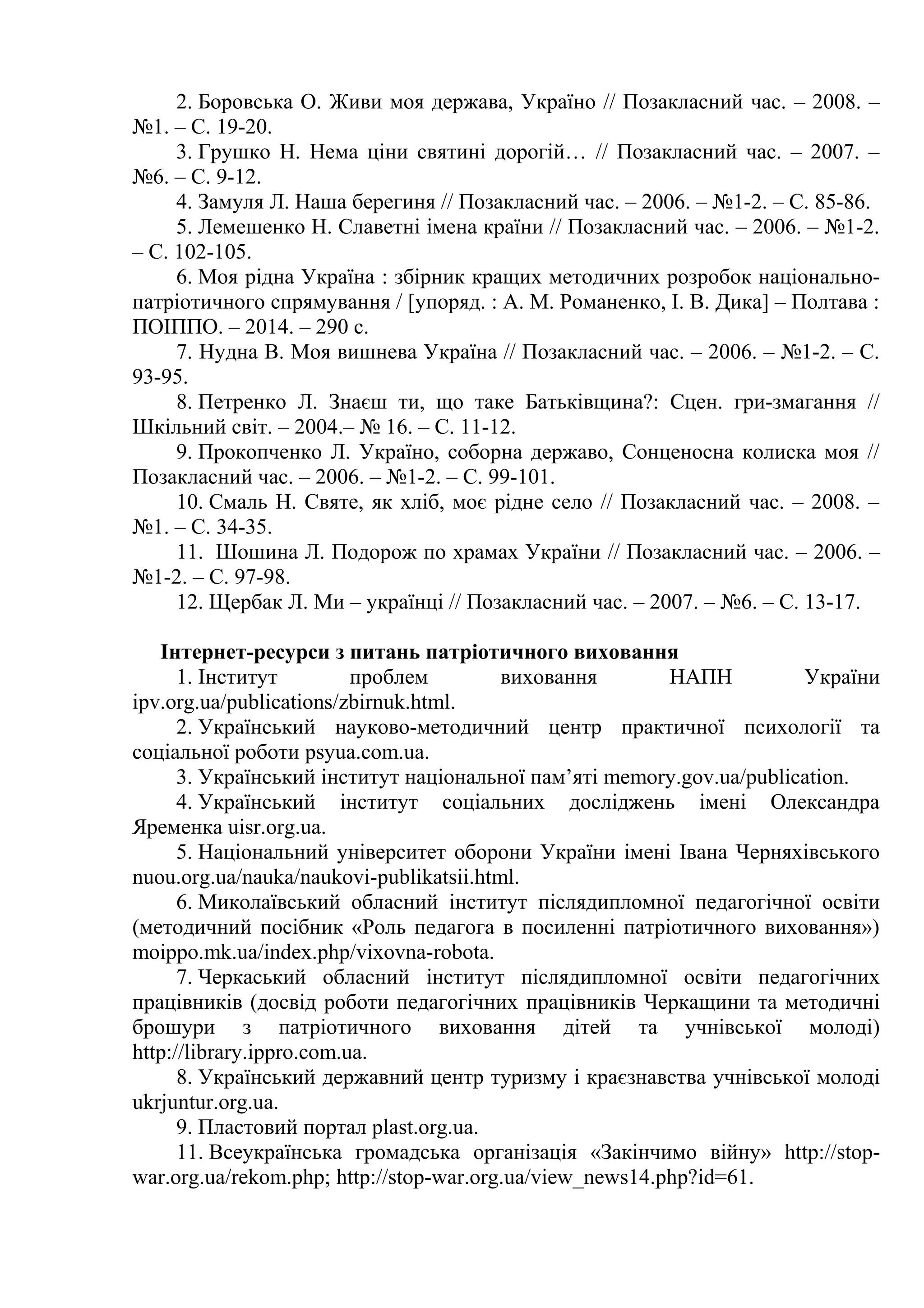 2. Боровська О. Живи моя держава, Україно // Позакласний час. – 2008. –
№1. – С. 19-20.
3. Грушко Н. Нема ціни святині дорогій… // Позакласний час. – 2007. –
№6. – С. 9-12.
4. Замуля Л. Наша берегиня // Позакласний час. – 2006. – №1-2. – С. 85-86.
5. Лемешенко Н. Славетні імена країни // Позакласний час. – 2006. – №1-2.
– С. 102-105.
6. Моя рідна Україна : збірник кращих методичних розробок національно-
патріотичного спрямування / [упоряд. : А. М. Романенко, І. В. Дика] – Полтава :
ПОІППО. – 2014. – 290 с.
7. Нудна В. Моя вишнева Україна // Позакласний час. – 2006. – №1-2. – С.
93-95.
8. Петренко Л. Знаєш ти, що таке Батьківщина?: Сцен. гри-змагання //
Шкільний світ. – 2004.– № 16. – С. 11-12.
9. Прокопченко Л. Україно, соборна державо, Сонценосна колиска моя //
Позакласний час. – 2006. – №1-2. – С. 99-101.
10. Смаль Н. Святе, як хліб, моє рідне село // Позакласний час. – 2008. –
№1. – С. 34-35.
11. Шошина Л. Подорож по храмах України // Позакласний час. – 2006. –
№1-2. – С. 97-98.
12. Щербак Л. Ми – українці // Позакласний час. – 2007. – №6. – С. 13-17.
Інтернет-ресурси з питань патріотичного виховання
1. Інститут проблем виховання НАПН України
ipv.org.ua/publications/zbirnuk.html.
2. Український науково-методичний центр практичної психології та
соціальної роботи psyua.com.ua.
3. Український інститут національної пам’яті memory.gov.ua/publication.
4. Український інститут соціальних досліджень імені Олександра
Яременка uisr.org.ua.
5. Національний університет оборони України імені Івана Черняхівського
nuou.org.ua/nauka/naukovi-publikatsii.html.
6. Миколаївський обласний інститут післядипломної педагогічної освіти
(методичний посібник «Роль педагога в посиленні патріотичного виховання»)
moippo.mk.ua/index.php/vixovna-robota.
7. Черкаський обласний інститут післядипломної освіти педагогічних
працівників (досвід роботи педагогічних працівників Черкащини та методичні
брошури з патріотичного виховання дітей та учнівської молоді)
http://library.ippro.com.ua.
8. Український державний центр туризму і краєзнавства учнівської молоді
ukrjuntur.org.ua.
9. Пластовий портал plast.org.ua.
11. Всеукраїнська громадська організація «Закінчимо війну» http://stop-
war.org.ua/rekom.php; http://stop-war.org.ua/view_news14.php?id=61.
 