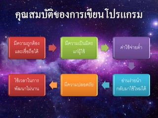 มีความถูกต้อง
และเชื่อถือได้
มีความเป็นมิตร
แก่ผู้ใช้
ค่าใช้จ่ายต่า
อ่านง่ายนา
กลับมาใช้ใหม่ได้
มีความปลอดถัย
ใช้เวลาในการ
พัฒนาไม่นาน
 