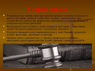 Старша школа
 Розширюються знання учнів про правові процеси та явища суспільного
життя, про права, свободи і обов’язки людини і громадянина, про
основи життя суспільства, формується громадянська позиція людини, її
соціально-політичні орієнтації
 Вдосконалюється готовність учнів захищати свої права і права інших
людей, будувати індивідуальну і колективну діяльність
 Елементи правової освіти впроваджуються у зміст базових дисциплін:
історія, філософія, зарубіжна література
 Правова освіта здійснюється і у процесі профільного навчання –
викладанні курсів правознавства, історії держави і права, спецкурсів
 