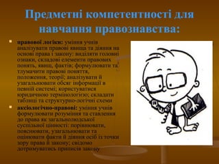 Предметні компетентності для
навчання правознавства:
 правової логіки: уміння учнів
аналізувати правові явища та діяння на
основі права і закону: виділяти головні
ознаки, складові елементи правових
понять, явищ, фактів; формулювати та
тлумачити правові поняття,
положення, теорії; аналізувати й
узагальнювати обсяг інформації в
певній системі; користуватися
юридичною термінологією; складати
таблиці та структурно-логічні схеми
 аксіологічно-правові: уміння учнів
формулювати розуміння та ставлення
до права як загальнолюдської
суспільної цінності: порівнювати,
пояснювати, узагальнювати та
оцінювати факти й діяння осіб із точки
зору права й закону; свідомо
дотримуватись приписів закону
 