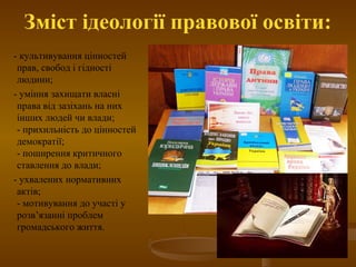 Зміст ідеології правової освіти:
- культивування цінностей
прав, свобод і гідності
людини;
- уміння захищати власні
права від зазіхань на них
інших людей чи влади;
- прихильність до цінностей
демократії;
- поширення критичного
ставлення до влади;
- ухвалених нормативних
актів;
- мотивування до участі у
розв’язанні проблем
громадського життя.
 
