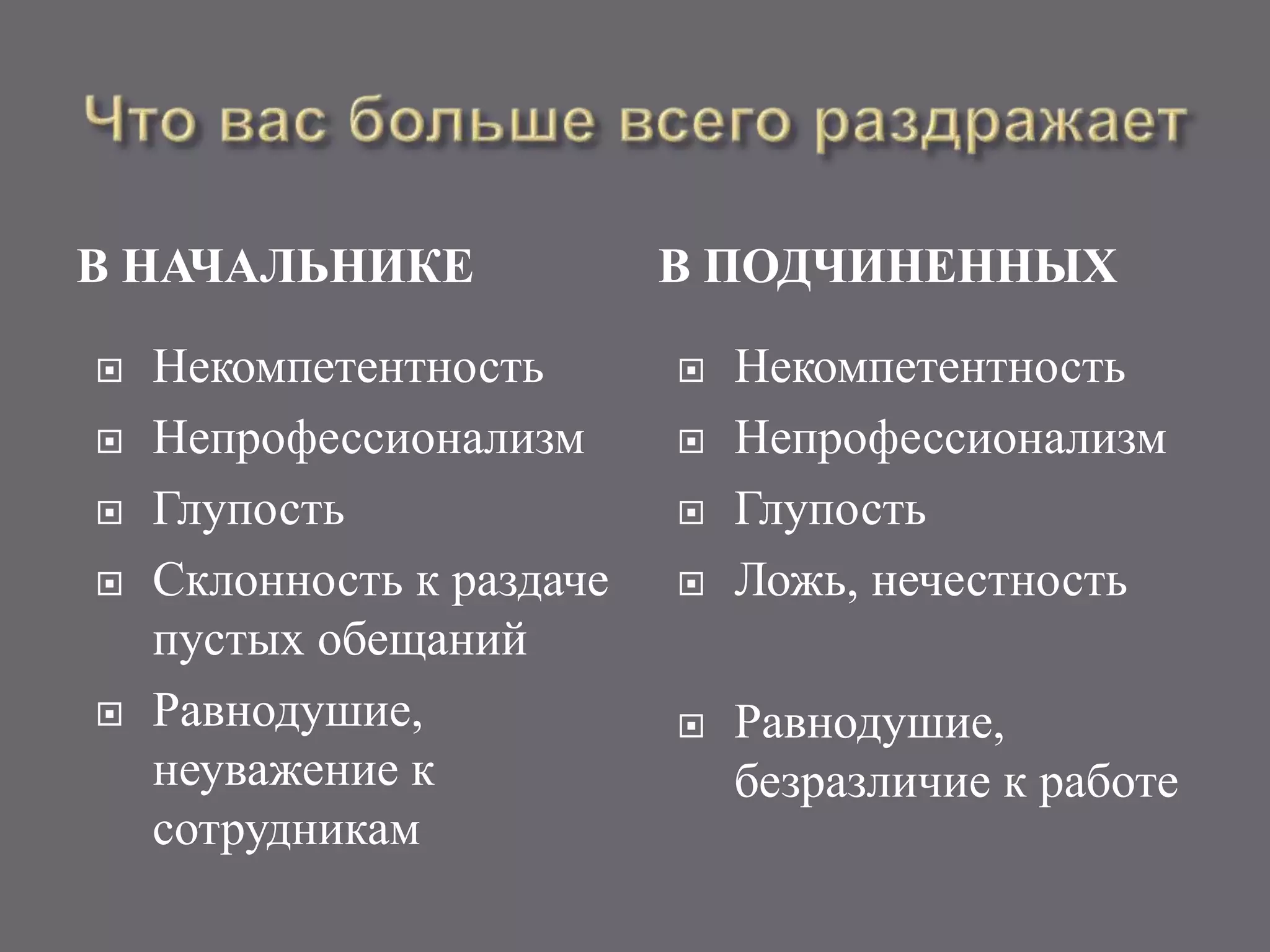 В НАЧАЛЬНИКЕ В ПОДЧИНЕННЫХ
 Некомпетентность
 Непрофессионализм
 Глупость
 Склонность к раздаче
пустых обещаний
 Равнодушие,
неуважение к
сотрудникам
 Некомпетентность
 Непрофессионализм
 Глупость
 Ложь, нечестность
 Равнодушие,
безразличие к работе
 
