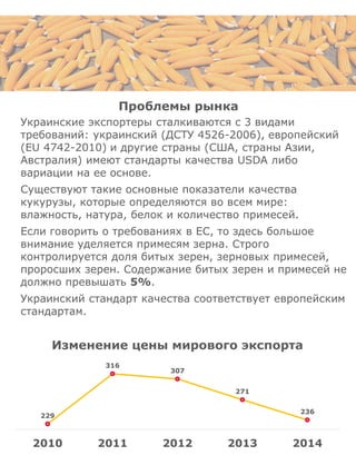Проблемы рынка
Украинские экспортеры сталкиваются с 3 видами
требований: украинский (ДСТУ 4526-2006), европейский
(EU 4742-2010) и другие страны (США, страны Азии,
Австралия) имеют стандарты качества USDA либо
вариации на ее основе.
Существуют такие основные показатели качества
кукурузы, которые определяются во всем мире:
влажность, натура, белок и количество примесей.
Если говорить о требованиях в ЕС, то здесь большое
внимание уделяется примесям зерна. Строго
контролируется доля битых зерен, зерновых примесей,
проросших зерен. Содержание битых зерен и примесей не
должно превышать 5%.
Украинский стандарт качества соответствует европейским
стандартам.
229
316
307
271
236
2010 2011 2012 2013 2014
Изменение цены мирового экспорта
 