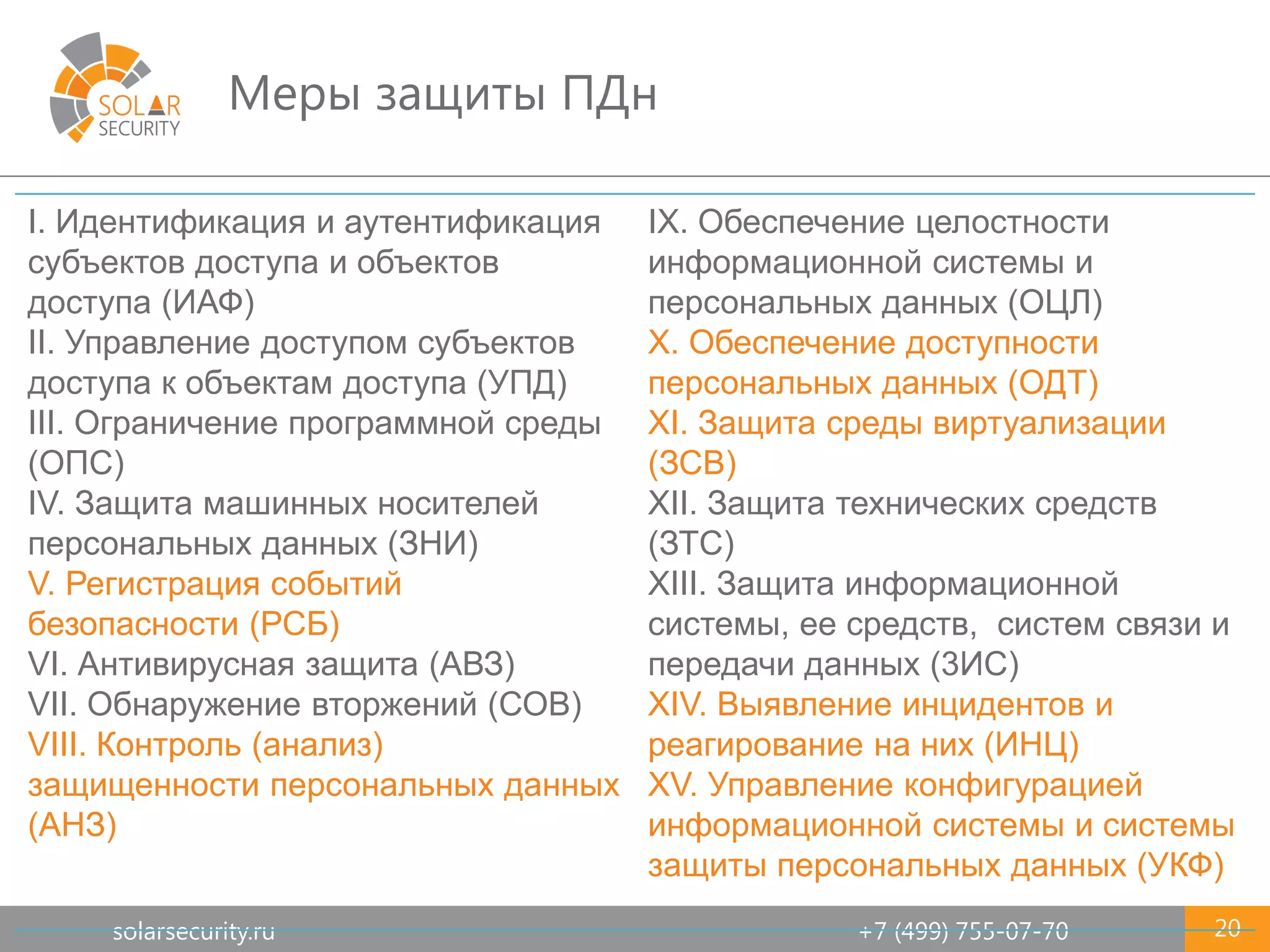 solarsecurity.ru +7 (499) 755-07-70
Меры защиты ПДн
20
I. Идентификация и аутентификация
субъектов доступа и объектов
доступа (ИАФ)
II. Управление доступом субъектов
доступа к объектам доступа (УПД)
III. Ограничение программной среды
(ОПС)
IV. Защита машинных носителей
персональных данных (ЗНИ)
V. Регистрация событий
безопасности (РСБ)
VI. Антивирусная защита (АВЗ)
VII. Обнаружение вторжений (СОВ)
VIII. Контроль (анализ)
защищенности персональных данных
(АНЗ)
IX. Обеспечение целостности
информационной системы и
персональных данных (ОЦЛ)
X. Обеспечение доступности
персональных данных (ОДТ)
XI. Защита среды виртуализации
(ЗСВ)
XII. Защита технических средств
(ЗТС)
XIII. Защита информационной
системы, ее средств, систем связи и
передачи данных (3ИС)
XIV. Выявление инцидентов и
реагирование на них (ИНЦ)
XV. Управление конфигурацией
информационной системы и системы
защиты персональных данных (УКФ)
 