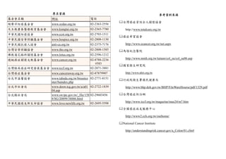尋求資源
基金會名稱 網址 電話
陶聲洋防癌基金會 www.sydao.org.tw 02-2363-2556
天主教康泰醫療教育基金會 www.kungtai.org.tw 02-2365-7780
中華民國防癌協會 www.ccst.org.tw 02-2703-1511
中華民國安寧照顧基金會 www.hospice.org.tw 02-2808-1130
中華民國抗癌人協會 anti-ca.org.tw 02-2375-7176
台灣安寧照顧協會 www.tho.org.tw 02-2808-1585
佛教蓮花臨終關懷基金會 www.lotus.org.tw 02-2596-1212
德桃癌症關懷文教基金會 www.cancer.org.tw 02-8788-2236
#583
台灣臨床癌症研究發展基金會 www.tccf.org.tw 02-2871-3881
台灣癌症基金會 www.canceraway.org.tw 02-87879907
台北市溫馨協會 www.tahsda.org.tw/breastce
nter/baindex.php
02-2771-8151
台北巿社會局 www.dosw.tcg.gov.tw/a/a01
04.asp
02-2722-1839
台北縣社會局 www.sw.tpc.gov.tw/_file/158
8/SG/20899/38886.html
02-29603456
中華民國癌友新生命協會 www.love-newlife.org.tw 02-2695-5598
參考資料來源
台灣癌症資訊全人關懷協會
http://www.totalcare.org.tw
癌症希望協會
http://www.ecancer.org.tw/net.aspx
馬偕紀念醫院
http://www.mmh.org.tw/taitam/col_su/col_su06.asp
國家衛生研究院
http://www.nhri.org.tw
行政院衛生署國民健康局
http://www.bhp.doh.gov.tw/BHP/FileWareHourse/pdf/1329.pdf
台灣癌症防治網
http://www.tccf.org.tw/magazine/maz24/m7.htm
全國癌症病友服務中心
http://www2.cch.org.tw/ourhome/
National Cancer Institute
http://understandingrisk.cancer.gov/a_Colon/01.cfm#
 