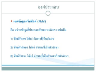 องค์ประกอบ
 เขตข้อมูลหรือฟิลด์ (Field)
คือ หน่วยข้อมูลที่ประกอบด้วยหลายอักขระ แบ่งเป็น
1) ฟิลด์ตัวเลข ได้แก่ อักขระที่เป็นตัวเลข
2) ฟิลด์ตัวอักษร ได้แก่ อักขระที่เป็นตัวอักษร
3) ฟิลด์อักขระ ได้แก่ อักขระที่เป็นตัวเลขหรือตัวอักษร
 