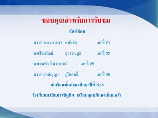 ขอบคุณสาหรับการรับชม
จัดทาโดย
นางสาวตระการตา สมัชชัย เลขที่ 21
นายไชยวัฒน์ สุวรรณภูมิ เลขที่ 22
นายธนทัต ดีมารยาตร์ เลขที่ 25
นางสาวอนัญญา ภู่โทสนธิ์ เลขที่ 26
นักเรียนชั้นมัธยมศึกษาปี ที่ 5/4
โรงเรียนนวมินทราชินูทิศ เตรียมอุดมศึกษาน้อมเกล้า
 