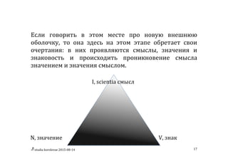 studia	
  korolevae	
  2015-­‐08-­‐14	
   17	
  
Если	
   говорить	
   в	
   этом	
   месте	
   про	
   новую	
   внешнюю	
  
оболочку,	
   то	
   она	
   здесь	
   на	
   этом	
   этапе	
   обретает	
   свои	
  
очертания:	
   в	
   них	
   проявляются	
   смыслы,	
   значения	
   и	
  
знаковость	
   и	
   происходить	
   проникновение	
   смысла	
  
значением	
  и	
  значения	
  смыслом.	
  
	
   	
  
	
   	
   	
   	
   	
   	
   	
  	
  	
  I,	
  scientia	
  смысл	
  
	
  
	
  
	
  
	
  
	
  
	
  
	
  
N,	
  значение	
   	
   	
   	
   	
   	
   	
   	
   	
   	
  	
  	
  	
  	
  	
  	
  	
  	
  	
  V,	
  знак	
  
 