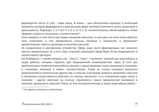 studia	
  korolevae	
  2015-­‐08-­‐14	
   24	
  
формируется	
   место	
   А	
   (ля)	
   –	
   мира	
   звезд.	
   И	
   вновь	
   –	
   для	
   обеспечения	
   перехода	
   5	
   необходим	
  
механизм,	
  который	
  формируется	
  в	
  виртуальной	
  сфере	
  значения	
  (млечного	
  пути),	
  мышления	
  и	
  
деятельности.	
   Переходы	
   2	
   и	
   5	
   (от	
   F	
   к	
   E	
   и	
   от	
   G	
   к	
   A,	
   соответственно)	
   обеспечиваются	
   этими	
  
сферами	
  «знака»	
  и	
  «значения»,	
  соответственно11.	
  	
  
Если	
  говорить	
  в	
  этом	
  месте	
  про	
  новую	
  внешнюю	
  оболочку,	
  то	
  она	
  здесь	
  на	
  этом	
  этапе	
  обретает	
  
свои	
   очертания:	
   в	
   них	
   проявляются	
   смыслы,	
   значения	
   и	
   знаковость	
   и	
   происходит	
  
проникновение	
  смысла	
  значением	
  и	
  значения	
  смыслом.	
  
Но	
   возвратимся	
   к	
   внутреннему	
   устройству.	
   Сфера	
   мира	
   звезд	
   сформирована,	
   она	
   начинает	
  
звучать	
  камертонным	
  ля,	
  и	
  этот	
  звук	
  «стрелой»	
  проницает	
  сферу	
  D(ре).	
  И	
  мы	
  возвращаемся	
  к	
  
началу	
  нашего	
  дискурса.	
  	
  
(2)	
  Разбираясь	
  с	
  такими	
  вещами,	
  как	
  	
  “смысл”,	
  “знак”,	
  	
  “значение”,	
  каждый	
  раз	
  запутываюсь	
  в	
  
видах	
   работы,	
   которые	
   строятся	
   при	
   направленном	
   взаимодействии	
   пары.	
   В	
   этот	
   раз	
  
практическая	
  и	
  теоретическая	
  работы	
  связаны	
  с	
  предложениями	
  «знак,	
  явленный	
  в	
  значении»	
  
и	
   «значение,	
   явленное	
   в	
   знаке»,	
   соответственно.	
   Также	
   не	
   всегда	
   совпадает	
   результат	
  
размышлений	
  и	
  относительно	
  других	
  пар,	
  к	
  тому	
  же,	
  если	
  между	
  знаком	
  и	
  значением,	
  смыслом	
  
и	
  значением	
  осуществляется	
  действие	
  по	
  глаголу	
  «являться»,	
  то	
  в	
  отношениях	
  пары	
  смысл	
  и	
  
значение	
   –	
   другое	
   действие:	
   по	
   глаголу	
   «проникать»:	
   смысл	
   проникнутый	
   значением	
   и	
  
значение	
  проникнуто	
  смыслом.	
  Какая	
  из	
  них	
  методологическая	
  и	
  какая	
  понятийная	
  работа	
  –	
  
	
  	
  	
  	
  	
  	
  	
  	
  	
  	
  	
  	
  	
  	
  	
  	
  	
  	
  	
  	
  	
  	
  	
  	
  	
  	
  	
  	
  	
  	
  	
  	
  	
  	
  	
  	
  	
  	
  	
  	
  	
  	
  	
  	
  	
  	
  	
  	
  	
  	
  	
  	
  	
  	
  	
  	
  
11	
  эти	
  сферы	
  на	
  рисунке	
  не	
  обозначены	
  
 
