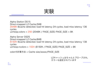 実験
Alpha Station DS15
Direct-mapped L2 Cache:2MB
2048K Bcache detected; load hit latency 24 cycles, load miss latency 136
cycles
uvmexp.colors = 256 (2048K / PAGE_SIZE) PAGE_SIZE = 8K
Alpha Server DS25
Direct-mapped L2 Cache:8MB
8192K Bcache detected; load hit latency 24 cycles, load miss latency 138
cycles
uvmexp.ncolors = 1024 (8192K / PAGE_SIZE) PAGE_SIZE = 8K
colorの計算方法 = Cache size/assoc/PAGE_SIZE
L2キャッシュはちゃんとプローブされ、
カラーも設定されています
 