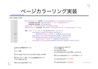 ページカラーリング実装
pgﬂbucket構造体のサイズ
カラーの数
2(uvm.page_freeとuvm.cpus[0]->page_free用)
+
割り出したページ数 vm_page構造体のサイズ
メモリを割り当てる
(例だと0x18d2438バイト)
uvm_pageboot_alloc()で
メモリが奪われ、
vm_physseg.start
vm_physseg.avail_startが押し上げられる
例だと0x18d2438バイト -> 0x18d2ページ
vm_physseg.start = 0x1000
↓
vm_physseg.start = 0x28d2
uvm_page_init()
 