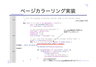 ページカラーリング実装
uvm_pagefree()で
空ページ管理リストにvm_page構造体を割り当てていく
uvm_page_init()
vm_page構造体に管理する
物理アドレスをセット
 