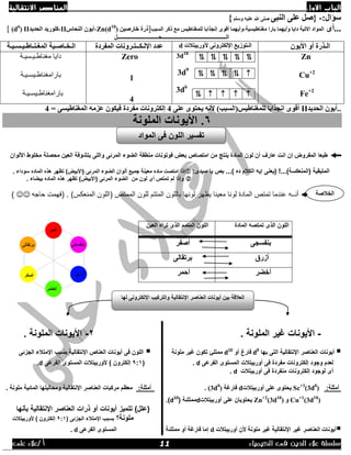 ‫االول‬ ‫الباب‬‫االنتقالية‬ ‫العناصر‬
‫الك‬ ‫فى‬ ‫الدين‬ ‫عالء‬ ‫سلسلة‬‫يمياء‬/ ‫أ‬‫على‬ ‫عالء‬
:‫عؤاي‬-}ٝ‫إٌج‬ ٍٝ‫ع‬ ً‫ط‬ٍُ‫ٚع‬ ٗ‫عٍي‬ ‫هللا‬ ٍٝ‫ط‬{
ٜ‫...أ‬‫اٌغجت‬ ‫روش‬ ‫ِع‬ ‫ٌٍّغٕبؽيظ‬ ‫إٔدزاثب‬ ٜٛ‫أل‬ ‫ِغٕبؽيغيخ,ٚأيّٙب‬ ‫ثبسا‬ ‫ٚأيّٙب‬ ‫دايب‬ ‫االريخ‬ ‫اٌّٛاد‬]ٓ‫خبسطي‬ ‫رسح‬Zn(d10
)‫إٌسبط‬ ْٛ‫,أي‬II‫اٌسذيذ‬ ‫,وٍٛسيذ‬II(d6
)[
ً‫اٌـــــــــــــــــــــــــــــــــــــــــــــــســــــــــــــــــــــــــــــ‬
ْٛ‫األي‬ ٚ‫أ‬ ‫اٌـزسح‬ٌ‫ا‬‫ـ‬‫آلٚسثيزالد‬ ٝٔٚ‫اإلٌىزش‬ ‫زٛصيع‬d‫اٌّفشدح‬ ‫اإلٌـىــزـشٚٔبد‬ ‫عذد‬‫اٌّغـٕـبؽـيـغـيـخ‬ ‫اٌـخـبطـيخ‬
Zn
Cu+2
Fe+2
3d10
3d9
3d6
⥮⥮⥮⥮⥮
⥮
⥮⥮⥮⥮
Zero
1
4
‫يغناطـيـسيـت‬ ‫دايا‬
‫بارايغناطـيسـيـت‬
‫بارايغناطـيسـيـت‬
‫اٌسذيذ‬ ْٛ‫..أي‬IIٍٝ‫ع‬ ٜٛ‫يسز‬ ٗٔ‫أل‬ )‫ٌٍّغٕبؽيظ(اٌغجت‬ ‫أدزاثب‬ ٜٛ‫أل‬4= ٝ‫اٌّغٕبؽيغ‬ ِٗ‫عض‬ ْٛ‫فيى‬ ‫ِفشدح‬ ‫إٌىزشٚٔبد‬4
6‫الملونة‬ ‫األيونات‬ .
‫عا‬ ‫انت‬ ‫إن‬ ‫المفروض‬ ‫طبعا‬‫المرئى‬ ‫الضوء‬ ‫منطقة‬ ‫فوتونات‬ ‫بعض‬ ‫امتصاص‬ ‫من‬ ‫ينتج‬ ‫المادة‬ ‫لون‬ ‫أن‬ ‫رف‬‫األلوان‬ ‫مخلوط‬ ‫محصلة‬ ‫العين‬ ‫بتشوفة‬ ‫واللى‬
‫(يعن‬ !...)‫(المنعكسة‬ ‫المتبقية‬:‫سيدى‬ ‫يا‬ ‫بص‬ ...) ‫ده‬ ‫الكالم‬ ‫إيه‬ ‫ى‬‫المر‬ ‫الضوء‬ ‫ألوان‬ ‫جميع‬ ‫معينة‬ ‫ماده‬ ‫امتصت‬ ‫إذا‬‫ئ‬‫ى‬‫سوداء‬ ‫الماده‬ ‫هذه‬ ‫تظهر‬ )‫(األبيض‬.
‫المرئى‬ ‫الضوء‬ ‫من‬ ‫لون‬ ‫أى‬ ‫تمتص‬ ‫لم‬ ‫وإذا‬. ‫بيضاء‬ ‫الماده‬ ‫هذه‬ ‫تظهر‬ )‫(األبيض‬
‫أن‬‫معي‬ ‫لونا‬ ‫المادة‬ ‫تمتص‬ ‫عندما‬ ‫ــه‬‫للون‬ ‫المتتم‬ ‫باللون‬ ‫لونها‬ ‫يظهر‬ ‫نا‬‫الممتص‬)‫المنعكس‬ ‫(اللون‬‫حاجه‬ ‫(فهمت‬ .)
-‫الملونة‬ ‫غير‬ ‫األيونات‬.2-. ‫الملونة‬ ‫األيونات‬
‫بها‬ ‫التى‬ ‫اإلنتقالية‬ ‫العناصر‬ ‫أيونات‬d0
‫أو‬ ‫فارغ‬d10
‫ممتلئ‬‫م‬ ‫غير‬ ‫تكون‬‫لونة‬‫الجزئى‬ ‫اإلمتالء‬ ‫بسبب‬ ‫اإلنتقالية‬ ‫العناص‬ ‫أيونات‬ ‫فى‬ ‫اللون‬
‫إلكترو‬ ‫وجود‬ ‫لعدم‬‫الفرعى‬ ‫المستوى‬ ‫أوربيتالت‬ ‫فى‬ ‫مفردة‬ ‫نات‬d.(1:1) ‫إلكترون‬‫أل‬‫الفرعى‬ ‫المستوى‬ ‫وربيتالت‬d.
‫أوربيتالت‬ ‫فى‬ ‫منفردة‬ ‫إلكترونات‬ ‫لوجود‬ ‫أى‬d.
:‫أمثلة‬(3d0
)Sc+3
‫أٚسثيزالد‬ ٍٝ‫ع‬ ٜٛ‫يسز‬d( ‫فبسغخ‬3d0
. ):‫أمثلة‬‫معظ‬. ‫ملونة‬ ‫المائية‬ ‫ومحاليلها‬ ‫اإلنتقالية‬ ‫العناصر‬ ‫مركبات‬ ‫م‬
Cu+1
(3d10
)ٚZn+2
(3d10
)‫أوربيتالت‬ ‫على‬ ‫يحتويان‬d‫ممتلئة‬(d10
.)
‫أو‬ ‫أيونات‬ ‫تتميز‬ )‫(علل‬‫بأنها‬ ‫اإلنتقالية‬ ‫العناصر‬ ‫ذرات‬
‫ملونة؟‬( ‫الجزئى‬ ‫اإلمتالء‬ ‫بسبب‬1:1‫ألوربيتالت‬ ) ‫إلكترون‬
‫أٚسثيزالد‬ ْ‫أل‬ ‫ٍِٛٔخ‬ ‫غيش‬ ‫اإلٔزمبٌيخ‬ ‫غيش‬ ‫اٌعٕبطش‬ ‫أيٛٔبد‬dِّ ٚ‫أ‬ ‫فبسغخ‬ ‫إِب‬‫زٍئخ‬.ٝ‫اٌفشع‬ ٜٛ‫اٌّغز‬d.
‫المادة‬ ‫تمتصه‬ ‫الذى‬ ‫اللون‬‫ا‬‫العين‬ ‫تراه‬ ‫الذى‬ ‫المتمم‬ ‫للون‬
‫بنفسجى‬‫أصفر‬
‫أزرق‬‫برتقالى‬
‫أخضر‬‫أحمر‬
‫المواد‬ ‫فى‬ ‫اللون‬ ‫تفسير‬
‫الخالصة‬
‫اإلل‬ ‫والتركيب‬ ‫اإلنتقالية‬ ‫العناصر‬ ‫أيونات‬ ‫بين‬ ‫العالقة‬‫لها‬ ‫كترونى‬
11
 