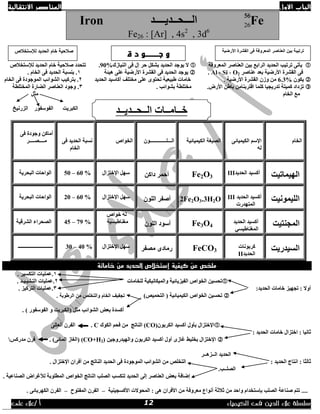 ‫االول‬ ‫الباب‬‫االنتقالية‬ ‫العناصر‬
‫الك‬ ‫فى‬ ‫الدين‬ ‫عالء‬ ‫سلسلة‬‫يمياء‬/ ‫أ‬‫على‬ ‫عالء‬

Feٌ‫ا‬‫ـــ‬‫س‬‫ــ‬‫ذي‬‫ــــ‬‫ذ‬Iron
Fe26 : [Ar] , 4s2
, 3d6
‫اٌّعشٚفخ‬ ‫اٌعٕبطش‬ ٓ‫ثي‬ ‫اٌشاثع‬ ‫اٌسذيذ‬ ‫رشريت‬ ٝ‫يأر‬‫إٌيبصن‬ ٝ‫ف‬ ‫إي‬ ‫زش‬ ً‫ثشى‬ ‫اٌسذيذ‬ ‫يٛخذ‬ ‫ال‬90%.‫ٌإلعزخالص‬ ‫اٌسذيذ‬ َ‫خب‬ ‫طالزيخ‬ ‫رزسذد‬
‫عٕبطش‬ ‫ثعذ‬ ‫األسػيخ‬ ‫اٌمششح‬ ٝ‫ف‬O2,Si,Al.‫ا‬ ‫اٌمششح‬ ٝ‫ف‬ ‫اٌسذيذ‬ ‫يٛخذ‬‫٘يئخ‬ ٍٝ‫ع‬ ‫ألسػيخ‬1.‫ث‬َ‫اٌخب‬ ٝ‫ف‬ ‫اٌسذيذ‬ ‫ٕغجخ‬.
ْٛ‫يى‬6.3%. ‫األسػيخ‬ ‫اٌمششح‬ ْ‫ٚص‬ ِٓ‫اٌسذيذ‬ ‫أوبعيذ‬ ‫ِخزٍف‬ ٍٝ‫ع‬ ٜٛ‫رسز‬ ‫ؽجيعيخ‬ ‫خبِبد‬2.‫ث‬َ‫اٌخب‬ ٝ‫ف‬ ‫اٌّٛخٛدح‬ ‫اٌشٛائت‬ ‫زشويت‬
.‫األسع‬ ٓ‫ثبؽ‬ ِٓ‫الزشثٕب‬ ‫وٍّب‬ ‫رذسيديب‬ ‫وّيزخ‬ ‫رضداد‬. ‫ثشٛائت‬ ‫ِخزٍطخ‬3‫اٌّخزٍطخ‬ ‫اٌؼبسح‬ ‫اٌعٕبطش‬ ‫ٚخٛد‬ .
َ‫اٌخب‬ ‫ِع‬ً‫ِث‬
‫اٌضسٔيخ‬ ‫اٌفٛعفٛس‬ ‫اٌىجشيذ‬
‫كيفية‬ ‫عن‬ ‫ملخص‬‫خاماتة‬ ‫من‬ ‫الحديد‬ ‫إستخالص‬
1.‫ع‬. ‫اٌزىغيش‬ ‫ٍّيبد‬
‫ٌٍخبِبد‬ ‫ٚاٌّيىبٔيىيخ‬ ‫اٌفيضيبئيخ‬ ‫اٌخٛاص‬ ٓ‫رسغي‬2.‫اٌز‬ ‫عٍّيبد‬‫ـ‬ٍ‫ـ‬‫ج‬‫ـ‬‫ي‬‫ـ‬. ‫ذ‬
‫اٌسذيذ‬ ‫خبِبد‬ ‫ردٙيض‬ : ‫أٚال‬:3.. ‫اٌزشويض‬ ‫عٍّيبد‬
)‫اٌزسّيض‬ ( ‫اٌىيّيبئيخ‬ ‫اٌخٛاص‬ ٓ‫رسغي‬‫الرطوبة‬ ‫من‬ ‫والتخلص‬ ‫الخام‬ ‫تجفيف‬.
. ) ‫اٌفٛعفٛس‬ ٚ ‫(اٌىجشيذ‬ ً‫ِث‬ ‫اٌشٛائت‬ ‫ثعغ‬ ‫أوغذح‬
ْٛ‫اٌىشث‬ ‫أوغيذ‬ ‫ثأٚي‬ ‫اإلخزضاي‬CO)‫اٌىٛن‬ ُ‫فس‬ ِٓ ‫إٌبرح‬ )C.ٌٝ‫اٌعب‬ ْ‫اٌفش‬
‫اٌسذيذ‬ ‫خبِبد‬ ‫اخزضاي‬ : ‫ثبٔيب‬:
ٓ‫ٚاٌٙيذسٚخي‬ ْٛ‫اٌىشث‬ ‫أوغيذ‬ ‫أٚي‬ ٜ‫غبص‬ ‫ثخٍيؾ‬ ‫اإلخزضاي‬(CO+H2)‫(اٌغ‬‫ب‬. )ٝ‫اٌّبئ‬ ‫ص‬‫ِذسوظ‬ ْ‫فش‬
‫اٌــض٘ــش‬ ‫اٌسذيذ‬
‫اٌسذيذ‬ ‫أزبج‬ : ‫ثبٌثب‬:‫إٌبر‬ ‫اٌسذيذ‬ ٝ‫ف‬ ‫اٌّٛخٛدح‬ ‫اٌشٛائت‬ ِٓ ‫اٌزخٍض‬. ‫اإلخزضاي‬ ْ‫أفشا‬ ِٓ ‫ح‬
.‫اٌظٍــت‬
‫ٌألغشا‬ ‫اٌّطٍٛثخ‬ ‫اٌخٛاص‬ ‫إٌبرح‬ ‫اٌظٍت‬ ‫ٌزىغت‬ ‫اٌسذيذ‬ ٌٝ‫إ‬ ‫اٌعٕبطش‬ ‫ثعغ‬ ‫إػبفخ‬. ‫اٌظٕبعيخ‬ ‫ع‬
ِٓ ‫ِعشٚفخ‬ ‫أٔٛاع‬ ‫ثالثخ‬ ِٓ ‫ٚازذ‬ َ‫ثئعزخذا‬ ‫اٌظٍت‬ ‫طٕبعخ‬ ُ‫رز‬ ....‫األوغديٕيخ‬ ‫اٌّسٛالد‬ : ٝ٘ ْ‫األفشا‬–‫اٌّفزٛذ‬ ْ‫اٌفش‬–. ٝ‫اٌىٙشثبئ‬ ْ‫اٌفش‬
َ‫اٌخب‬ٝ‫اٌىيّيبئ‬ ُ‫اإلع‬
ٌٗ
‫اٌىيّيبئيخ‬ ‫اٌظيغخ‬ْٛ‫اٌـــٍـــــــــــــ‬‫اٌخٛاص‬ٝ‫ف‬ ‫اٌسذيذ‬ ‫ٔغجخ‬
َ‫اٌخب‬
ٝ‫ف‬ ‫ٚخٛدح‬ ٓ‫أِبو‬
‫ِــــظــــش‬
‫اٌٙيّبريذ‬‫اٌسذيذ‬ ‫أوغيذ‬IIIFe2O3ٓ‫داو‬ ‫أزّش‬‫اإلخزضاي‬ ًٙ‫ع‬50 – 60 %‫اٌجسشيخ‬ ‫اٌٛازبد‬
‫اٌٍيّٛٔيذ‬‫اٌسذيذ‬ ‫أوغيذ‬III
‫اٌّزٙذسد‬
2Fe2O3.3H2Oٌٍْٛ‫ا‬ ‫أطفش‬‫ا‬ ًٙ‫ع‬‫إلخزضاي‬20 – 60 %‫اٌجسشيخ‬ ‫اٌٛازبد‬
‫اٌّدٕزيذ‬‫اٌسذيذ‬ ‫أوغيذ‬
‫اٌّغٕبؽيغي‬
Fe3O4ٌٍْٛ‫ا‬ ‫أعٛد‬
‫خٛاص‬ ٌٗ
‫ِغٕبؽيغيخ‬45 – 79 %‫اٌششليخ‬ ‫اٌظسشاء‬
‫اٌغيذسيذ‬‫وشثٛٔبد‬
‫اٌسذيذ‬II
FeCO3‫ِظفش‬ ٜ‫سِبد‬‫اإلخزضاي‬ ًٙ‫ع‬30 – 40 %‫ــــــــــــــــــــــــــــ‬
‫األرضية‬ ‫القشرة‬ ‫فى‬ ‫المعروفة‬ ‫العناصر‬ ‫بين‬ ‫ترتيبة‬
‫ة‬ ‫د‬ ‫جــــــــــو‬ ‫و‬‫لإلستخالص‬ ‫الحديد‬ ‫خام‬ ‫صالحية‬
‫اٌــســذيــذ‬ ‫خــبِــبد‬
12
 