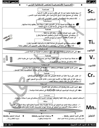 ‫االول‬ ‫الباب‬‫االنتقالية‬ ‫العناصر‬
‫الك‬ ‫فى‬ ‫الدين‬ ‫عالء‬ ‫سلسلة‬‫يمياء‬/ ‫أ‬‫على‬ ‫عالء‬
-:‫األهــــمــي‬‫األولــــى‬ ‫اإلنــتـقـالـية‬ ‫لـعـنـاصـر‬ ‫اإلقــتــصــاديـــة‬ ‫ــة‬:-
Sc21
‫السكانديوم‬
1)‫صغير‬ ‫بكميات‬ ‫يوجد‬‫ة‬‫موزعه‬. ‫األرضية‬ ‫القشرة‬ ‫من‬ ‫واسع‬ ‫نطاق‬ ‫على‬
2). ‫الشمس‬ ‫ضوء‬ ‫يشبه‬ ‫الكفاءة‬ ‫عالى‬ ‫ضوء‬ ‫إلنتاج‬ ‫الزئبق‬ ‫أبخرة‬ ‫مصابيح‬ ‫الى‬ ‫يضاف‬
-‫ا‬ ‫فى‬ ‫المصابيح‬ ‫هذة‬ ‫تستخدم‬ ‫لذلك‬.‫الليل‬ ‫أثناء‬ ‫التليفزيونى‬ ‫لتصوير‬
‫ســـبـائـــكـــة‬
. ‫صالبتها‬ ‫وشدة‬ ‫بخفتها‬ ‫تمتاز‬ ‫سبيكة‬ ‫تتكون‬ ‫األلمونيوم‬ ‫إلى‬ ‫منه‬ ‫ضئيلة‬ ‫نسبة‬ ‫إضافة‬ ‫عند‬
-. ‫المقاتلة‬ ‫الميج‬ ‫طائرات‬ ‫صناعة‬ ‫فى‬ ‫السبيكة‬ ‫هذة‬ ‫تستخدم‬ ‫لذلك‬
Ti22
‫التيتانيوم‬
‫خصائصة‬
1)‫الصالبة‬ ‫شديد‬ ‫عنصر‬‫ولكنه‬ , ‫كالصلب‬‫كثافة‬ ‫منه‬ ‫أقل‬.
2)) ‫(علل‬ ‫الصناعية‬ ‫والمفاصل‬ ‫األسنان‬ ‫زراعة‬ ‫عمليات‬ ‫فى‬ ‫يستخدم‬
-.‫التسمم‬ ‫من‬ ‫نوع‬ ‫أى‬ ‫يسبب‬ ‫ال‬ ‫و‬ ‫يلفظه‬ ‫ال‬ ‫الجسم‬ ‫ألن‬
‫ســــبـا‬‫ئ‬‫ــكـة‬
) ‫(علل‬ ‫الفضائية‬ ‫والمركبات‬ ‫الطائرات‬ ‫صناعة‬ ‫فى‬ ‫األلمونيوم‬ ‫مع‬ ‫سبائكة‬ ‫تستخدم‬
-‫أل‬‫بعك‬ ‫المرتفعة‬ ‫الحرارة‬ ‫درجات‬ ‫فى‬ ‫متانتة‬ ‫على‬ ‫يحافظ‬ ‫نه‬‫متانتة‬ ‫تنخفض‬ ‫الذى‬ ‫األلمونيوم‬ ‫س‬.
(‫أكسيدالتيتانيوم‬ ‫ثانى‬TiO2‫أشعة‬ ‫من‬ ‫الحماية‬ ‫مستحضرات‬ ‫تركيب‬ ‫فى‬ ‫يدخل‬ )‫الشمس‬.
V23
‫الفانديوم‬
‫عالية‬ ‫بقساوة‬ ‫تتميز‬ ‫سبيكة‬ ‫تتكون‬ ‫الصلب‬ ‫الى‬ ‫منه‬ ‫ضئيلة‬ ‫نسبة‬ ‫إضافة‬ ‫عند‬‫التأكل‬ ‫مقاومة‬ ‫على‬ ‫كبيرة‬ ‫وقدرة‬.
-. ‫السيارات‬ ‫زنبركات‬ ‫صناعة‬ ‫فى‬ ‫يستخدم‬ ‫لذلك‬
‫الفانديوم‬ ‫أكسيد‬ ‫خامس‬V2O5‫يستخدم‬ ‫الذى‬:‫أ‬-‫كصبغة‬.‫والزجاج‬ ‫السيراميك‬ ‫صناعة‬ ‫فى‬
‫ب‬-‫المغناطيسيات‬ ‫صناعة‬ ‫حفازفى‬ ‫كعامل‬. ‫التوصيل‬ ‫قائقة‬
Cr24
‫الكروم‬
1))‫الجوية(علل‬ ‫العوامل‬ ‫فعل‬ ‫يقاوم‬ ‫لكنه‬ ‫الكيميائى‬ ‫النشاط‬ ‫من‬ ‫عالية‬ ‫درجة‬ ‫على‬ ‫عنصر‬
-‫إس‬ ‫تمنع‬ ‫األكسيد‬ ‫من‬ ‫طبقة‬ ‫تكون‬ ‫الى‬ ‫ذلك‬ ‫ويرجع‬. ‫الجو‬ ‫أكسجين‬ ‫مع‬ ‫الكروم‬ ‫تفاعل‬ ‫تمرار‬
2).‫الجلود‬ ‫ودباغة‬ ‫المعادن‬ ‫طالء‬ ‫فى‬ ‫الكروم‬ ‫يستخدم‬
‫الكروم‬ ‫أكسيد‬III(CrO3. ‫األصباغ‬ ‫عمل‬ ‫فى‬ ‫يستخدم‬ ‫الذى‬ )
‫البرتقالية‬ ‫البوتاسيوم‬ ‫كرومات‬ ‫ثانى‬K2Cr2O7. ‫مؤكسدة‬ ‫كمادة‬ ‫تستخدم‬ ‫التى‬
Mn25
‫المنجنيز‬
‫ي‬ ‫ال‬‫ست‬‫النقية‬ ‫حالته‬ ‫فى‬ ‫وهو‬ ‫المنجنيز‬ ‫خدم‬‫فى‬ ‫يستخدم‬ ‫لذلك‬ ‫الشديدة‬ ‫لهشاشته‬ ‫(علل)نظرا‬.‫مركبات‬ ‫أو‬ ‫سبائك‬ ‫صورة‬
1-‫صناعة‬ ‫فى‬ ‫المنجنيز‬ ‫مع‬ ‫الحديد‬ ‫سبائك‬ ‫تستخدم‬‫الحديدية‬ ‫السكك‬ ‫خطوط‬)‫(علل‬. ‫الصلب‬ ‫من‬ ‫أصلب‬ ‫سبائك‬ ‫ألنها‬
2-‫صن‬ ‫فى‬ ‫المنجنيز‬ ‫مع‬ ‫األلمونيوم‬ ‫سبائك‬ ‫تستخدم‬‫الغازية‬ ‫المشروبات‬ ‫عبوات‬ ‫اعة‬. ‫للــــتأكـــل‬ ‫لمقاومتها‬ )‫(علل‬
‫المنجنيز‬ ‫أكسيد‬ ‫ثانى‬MnO2.‫برمنجنات‬‫ا‬‫لبوتاسيوم‬KMnO4‫المنجنيز‬ ‫كبريتات‬MnSO4
‫الجاف‬ ‫العمود‬ ‫صناعة‬ ‫فى‬ ‫يستخدم‬ ‫قوى‬ ‫مؤكسد‬ ‫عامل‬‫ما‬. ‫ومطهره‬ ‫مؤكسدة‬ ‫دة‬‫لـلـفط‬ ‫مـبـيـد‬‫ـــ‬. ‫ريــات‬
‫خ‬‫ـ‬‫ص‬‫ـ‬‫ائ‬‫ـ‬‫ص‬‫ـ‬‫ة‬
‫مـركـبـاتــة‬ ‫أهم‬
‫مركباتــة‬ ‫أهم‬
‫خ‬‫صائصة‬
‫مركباتة‬ ‫أهم‬
‫خصائصة‬
‫سبائكه‬
‫مركباته‬ ‫أهم‬
‫خصائصة‬
3
 