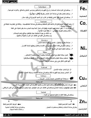 ‫االول‬ ‫الباب‬‫االنتقالية‬ ‫العناصر‬
‫الك‬ ‫فى‬ ‫الدين‬ ‫عالء‬ ‫سلسلة‬‫يمياء‬/ ‫أ‬‫على‬ ‫عالء‬
Fe26
‫الــحــديــد‬
1.. ‫الجراحية‬ ‫واألدوات‬ ‫والمدافع‬ ‫البنادق‬ ‫ومواسير‬ ‫والسكاكين‬ ‫الكهرباء‬ ‫أبراج‬ ‫و‬ ‫المسلحه‬ ‫الخراسانات‬ ‫فى‬ ‫يستخدم‬
2.‫بطريقة‬ ‫النشادر‬ ‫غاز‬ ‫صناعة‬ ‫فى‬ ‫حفاز‬ ‫كعامل‬ ‫يستخدم‬(‫هابر‬-‫بوش‬)0
3.. ‫سائل‬ ‫وقود‬ ‫الى‬ )‫الكربون‬ ‫أكسيد‬ ‫أول‬ ‫غازى‬ ‫من‬ ‫(خليط‬ ‫المائى‬ ‫الغاز‬ ‫تحويل‬ ‫فى‬ ‫يستخدم‬
Co27
‫الـكوبـلت‬
1)‫المغناطيسيات‬ ‫صناعة‬ ‫فى‬ ‫ويستخدم‬ ‫للتمغنط‬ ‫قابل‬ ‫كالهما‬ ‫ألن‬ )‫الحديد(علل‬ ‫الكوبلت‬ ‫يشبه‬‫فى‬ ‫الجافه‬ ‫البطاريات‬ ‫فى‬ ‫.وكذلك‬
. ‫الـحديـثة‬ ‫الـسيارات‬
2)‫له‬ ‫الكوبلت‬12‫نظيرا‬‫الكوبلت‬ ‫اهمها‬ ‫مشعا‬(60‫بقد‬ ‫منه‬ ‫الصادره‬ ‫جاما‬ ‫أشعة‬ ‫تمتاز‬ ‫الذى‬ )‫رة‬‫النفاذ‬ ‫على‬ ‫عالية‬
-‫الكوبلت‬ ‫يستخدم‬ ‫لذلك‬(60‫فى‬ ):‫أ‬-‫الغذائية‬ ‫المواد‬ ‫حفظ‬.
‫ب‬-.‫الوصالت‬ ‫ولحام‬ ‫مواقع‬ ‫يكشفعن‬ ‫حيث‬ ‫المنتجات‬ ‫جودة‬ ‫من‬ ‫التأكد‬
‫ج‬-. ‫وعالجها‬ ‫الخبيثة‬ ‫األورام‬ ‫عن‬ ‫الكشف‬ ‫فى‬ ‫الطب‬ ‫فى‬ ‫يستخدم‬
Ni28
‫الــنـيـكــل‬
1.‫صنا‬‫(النيكل‬ ‫بطاريت‬ ‫عة‬–‫الشحن‬ ‫إلعادة‬ ‫القابلة‬ )‫كادميوم‬.
2.‫أفض‬ ‫شكــال‬ ‫ويعطيها‬ ‫والتأكـل‬ ‫األكسدة‬ ‫من‬ ‫ليحميها‬ ‫المعادن‬ ‫طالء‬ ‫فى‬ ‫النيكل‬ ‫يستخدم‬. ‫ـــل‬
3.. ‫الزيوت‬ ‫هدرجة‬ ‫فى‬ ‫المجزأ‬ ‫النيكل‬ ‫يستخدم‬
. ‫األحماض‬ ‫ومقاومة‬ ‫الصدأ‬ ‫ومقاومة‬ ‫بالصالبة‬ ‫الصلب‬ ‫مع‬ ‫النيكل‬ ‫سبائك‬ ‫تتميز‬
)‫الكــهربائــية(علل‬ ‫واألفران‬ ‫التسخين‬ ‫ملفات‬ ‫فى‬ ‫والكروم‬ ‫النيكل‬ ‫سبائك‬ ‫تستخدم‬
-‫وهى‬ ‫حتى‬ ‫التأكل‬ ‫تقاوم‬ ‫ألنها‬‫األحمرار‬ ‫لدرجــة‬ ‫مسخــنة‬
Cu29
‫الــنحاس‬
1).‫اإلنسان‬ ‫عرفــه‬ ‫فـــلــز‬ ‫أول‬
2). ‫المعدنية‬ ‫العمالت‬ ‫وسبائك‬ ‫الكابالت‬ ‫صناعة‬ ‫فى‬ ‫يستخدم‬ ‫لذلك‬ ‫للكهرباء‬ ‫جيد‬ ‫موصل‬ ‫النحاس‬
.. ‫البـرونـز‬ .. ‫بـإسـم‬ ‫تـعـرف‬ ‫الـقـصديـر‬ ‫مع‬ ‫سـبــيكـتـة‬
‫ن‬ ‫كبيرتات‬‫حاس‬II(CuSO4). ‫الشــرب‬ ‫مــيــاة‬ ‫تنقية‬ ‫عمليات‬ ‫فى‬ ‫للفطريات‬ ‫وكمبيد‬ ‫حشرى‬ ‫كمبيد‬ ‫يستخدم‬
‫الجلو‬ ‫سكر‬ ‫عن‬ ‫الكشف‬ ‫فى‬ ‫يستخدم‬ )‫النحاس‬ ‫مركبات‬ ‫فهلنج(من‬ ‫محلول‬‫كوز‬‫ال‬ ‫األزرق‬ ‫اللون‬ ‫من‬ ‫يتحول‬ ‫حيث‬‫البرتقالى‬ ‫اللون‬ ‫ى‬.
Zn30
‫الـخـارصـيـن‬
‫الفلزات‬ ‫جلفنة‬ ‫فى‬ ‫يستخدم‬. ‫الصدأ‬ ‫من‬ ‫لحمايتها‬ )‫(علل‬
‫الخارصين‬ ‫أكسيد‬ZnO‫الخارصين‬ ‫كبريتيد‬ZnS
‫التجميل‬ ‫ومستحضرات‬ ‫والمطاط‬ ‫الدهانات‬ ‫صناعة‬ ‫فى‬ ‫يدخل‬.‫المضيئة‬ ‫الطالئات‬ ‫صناعة‬ ‫فى‬ ‫يستخدم‬
. ‫السينية‬ ‫األشعة‬ ‫شاشات‬ ‫و‬
‫خصـائصــة‬
‫ســبائــكــه‬
‫إس‬‫ـ‬‫خ‬‫ـ‬‫دام‬‫ـ‬‫ات‬‫ــ‬‫ة‬
‫خـصائـصة‬
‫إستخداماتة‬
‫سبائكة‬
‫مركباته‬ ‫أهم‬
‫خصائصة‬
‫مركباتة‬ ‫أهم‬
4
 