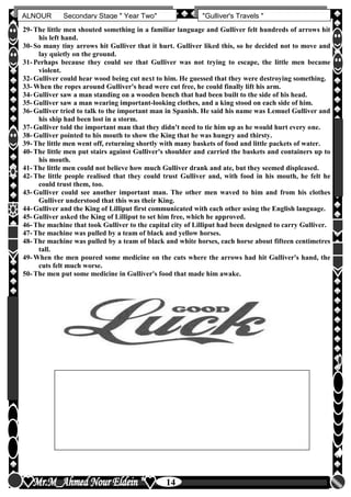 hfhfh
14
ALNOUR Secondary Stage " Year Two" "Gulliver's Travels "
29- The little men shouted something in a familiar language and Gulliver felt hundreds of arrows hit
his left hand.
30- So many tiny arrows hit Gulliver that it hurt. Gulliver liked this, so he decided not to move and
lay quietly on the ground.
31- Perhaps because they could see that Gulliver was not trying to escape, the little men became
violent.
32- Gulliver could hear wood being cut next to him. He guessed that they were destroying something.
33- When the ropes around Gulliver's head were cut free, he could finally lift his arm.
34- Gulliver saw a man standing on a wooden bench that had been built to the side of his head.
35- Gulliver saw a man wearing important-looking clothes, and a king stood on each side of him.
36- Gulliver tried to talk to the important man in Spanish. He said his name was Lemuel Gulliver and
his ship had been lost in a storm.
37- Gulliver told the important man that they didn't need to tie him up as he would hurt every one.
38- Gulliver pointed to his mouth to show the King that he was hungry and thirsty.
39- The little men went off, returning shortly with many baskets of food and little packets of water.
40- The little men put stairs against Gulliver's shoulder and carried the baskets and containers up to
his mouth.
41- The little men could not believe how much Gulliver drank and ate, but they seemed displeased.
42- The little people realised that they could trust Gulliver and, with food in his mouth, he felt he
could trust them, too.
43- Gulliver could see another important man. The other men waved to him and from his clothes
Gulliver understood that this was their King.
44- Gulliver and the King of Lilliput first communicated with each other using the English language.
45- Gulliver asked the King of Lilliput to set him free, which he approved.
46- The machine that took Gulliver to the capital city of Lilliput had been designed to carry Gulliver.
47- The machine was pulled by a team of black and yellow horses.
48- The machine was pulled by a team of black and white horses, each horse about fifteen centimetres
tall.
49- When the men poured some medicine on the cuts where the arrows had hit Gulliver's hand, the
cuts felt much worse.
50- The men put some medicine in Gulliver's food that made him awake.
 