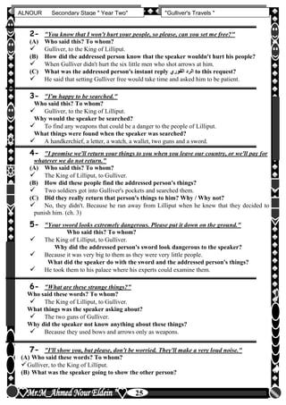 hfhfh
25
ALNOUR Secondary Stage " Year Two" "Gulliver's Travels "
2- "You know that I won't hurt your people, so please, can you set me free?"
(A) Who said this? To whom?
 Gulliver, to the King of Lilliput.
(B) How did the addressed person know that the speaker wouldn't hurt his people?
 When Gulliver didn't hurt the six little men who shot arrows at him.
(C) What was the addressed person's instant reply ‫الفورن‬ ‫الرد‬ to this request?
 He said that setting Gulliver free would take time and asked him to be patient.
3- "I'm happy to be searched."
Who said this? To whom?
 Gulliver, to the King of Lilliput.
Why would the speaker be searched?
 To find any weapons that could be a danger to the people of Lilliput.
What things were found when the speaker was searched?
 A handkerchief, a letter, a watch, a wallet, two guns and a sword.
4- "I promise we'll return your things to you when you leave our country, or we'll pay for
whatever we do not return."
(A) Who said this? To whom?
 The King of Lilliput, to Gulliver.
(B) How did these people find the addressed person's things?
 Two soldiers got into Gulliver's pockets and searched them.
(C) Did they really return that person's things to him? Why / Why not?
 No, they didn't. Because he ran away from Lilliput when he knew that they decided to
punish him. (ch. 3)
5- "Your sword looks extremely dangerous. Please put it down on the ground."
Who said this? To whom?
 The King of Lilliput, to Gulliver.
Why did the addressed person's sword look dangerous to the speaker?
 Because it was very big to them as they were very little people.
What did the speaker do with the sword and the addressed person's things?
 He took them to his palace where his experts could examine them.
6- "What are these strange things?"
Who said these words? To whom?
 The King of Lilliput, to Gulliver.
What things was the speaker asking about?
 The two guns of Gulliver.
Why did the speaker not know anything about these things?
 Because they used bows and arrows only as weapons.
7- "I'll show you, but please, don't be worried. They'll make a very loud noise."
(A) Who said these words? To whom?
Gulliver, to the King of Lilliput.
(B) What was the speaker going to show the other person?
 