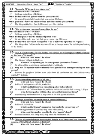 hfhfh
27
ALNOUR Secondary Stage " Year Two" "Gulliver's Travels "
13-"I promise I'll do my best to please you."
Who said these words? To whom?
 Gulliver, to the King of Lilliput.
What did the addressed person want the speaker to do?
 He wanted him to help him in their war against Blefuscu.
What good turn ‫المعروف‬ did the addressed person do to the speaker first?
 The King set Gulliver free, fed him and gave him clothes.
14-"But perhaps you can also do something for me."
Who said these words? To whom?
 Gulliver, to the King of Lilliput.
What did the speaker ask the addressed person to do?
 He asked him to let him visit their great capital city, Mildendo.
What did the other person ask the speaker to do to before he agreed to his request?
 The King asked Gulliver to be very careful not to damage any of the buildings or hurt any
of the people.
15-"Yes, I can allow this, but you must be very careful not to damage any of the buildings
or hurt any of the people."
(A) Who said these words? To whom?
 The King of Lilliput, to Gulliver.
(B) What did the speaker give the other person permission ‫إذن‬ to do?
 He allowed him to visit their great capital city, Mildendo.
(C) Why was the speaker worried that the other person could damage buildings or hurt
people?
 Because the people of Lilliput were only about 15 centimetres tall and Gulliver was a
giant ‫عمالق‬ to them.
16-"I have something important to tell you."
(A) Who said these words? To whom?
 Reldresal, an important official, to Gulliver.
(B) What was that important thing the speaker talked about?
 He wanted to tell Gulliver about the problems inside and outside their country, Lilliput.
(C) Why did the speaker tell the other person that important thing?
 Because they wanted Gulliver to help them in the war against Blefusco.
17-"Perhaps it would be easier if I stood in your hand instead."
(A) Who said these words? To whom?
 Reldresal, to Gulliver.
(B) What was the listener's suggestion that made the speaker say so?
 Gulliver suggested to lie down so they could speak easily.
(C) Why could the speaker stand in the other person's hand?
 Because Reldresal was a tiny man, only about 15 centimetres tall.
18-"We are all pleased that you are now free, but you must understand that this is only
because of the difficult situation in Lilliput."
(A) Who said these words? To whom?
 
