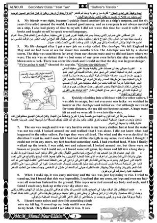 hfhfh
3
ALNOUR Secondary Stage " Year Two" "Gulliver's Travels "
‫السفنأ‬ ‫إحدى‬ ‫على‬ ‫وظيفة‬ ‫إيجاد‬" ,‫قاللت‬ ‫ثلم‬ ‫ّا‬‫ي‬‫ومل‬ ‫طويال‬ ‫مارن‬ ‫فكرت‬ "‫الوحيلد‬ ‫السلبيل‬ ‫هلو‬ ‫هلذا‬ ‫كلان‬ ‫إذا‬ ‫ولكلن‬ ,‫ترحلل‬ ‫أن‬ ‫أريلدك‬ ‫ال‬ ‫أنلا‬
‫فليكنأ‬ ‫جيد‬ ‫بشكل‬ ‫للعيش‬ ‫يكفينا‬ ‫ما‬ ‫نكسب‬ ‫أن‬ ‫خالله‬ ‫من‬ ‫يمكننا‬ ‫التي‬"
4. My friends were right, because I quickly found another job as a ship's surgeon, and for six
years I travelled around the world. I earned good money, and as a surgeon is not always needed
on a ship, I also had plenty of time to myself. I did not waste this time but used it well: I read
books and taught myself to speak several languages.
‫أعلوام‬ ‫سلتة‬ ‫خلالل‬ ‫العلالم‬ ‫حلول‬ ُ‫سلافرت‬ ‫سلفينةأ‬ ‫عللى‬ ‫كجلراح‬ ‫أخلرى‬ ‫وظيفلة‬ ‫بسلرعة‬ ُ‫وجلدت‬ ‫ألننلي‬ ,‫صلواب‬ ‫عللى‬ ‫أصدقائي‬ ‫كان‬
‫للم‬ ‫لنفسليأ‬ ‫الوقلت‬ ‫ملن‬ ‫الكثيلر‬ ‫أيضلا‬ ‫للي‬ ‫أتليح‬ ‫فقلد‬ ,‫سلفينة‬ ‫عللى‬ ‫دائم‬ ‫بشكل‬ ‫مطلوبا‬ ‫يكون‬ ‫ال‬ ‫الجراح‬ ‫وألن‬ ‫المالأ‬ ‫من‬ ‫جيدا‬ ‫مبلغا‬ ُ‫وكسبت‬
‫ج‬ ‫بشكل‬ ‫استخدمته‬ ‫ولكني‬ ‫الوقت‬ ‫هذا‬ ‫أضيع‬‫عديدةأ‬ ‫بلغات‬ ‫التحدث‬ ‫نفسي‬ ُ‫وعلمت‬ ‫الكتب‬ ُ‫فقرأت‬ ,‫يد‬
5. My life changed after I got a new job on a ship called The Antelope. We left England in
May and we had been at sea for about two months when The Antelope was hit by a violent
storm. The ship was soon blown far away from our chosen route and we did not know where we
were. The sea was so violent that we lost some of our crew even before the ship was suddenly
blown onto a rock. There was a terrible crash and I could see that the ship was in great danger.
"We're going to sink!" shouted the captain. "Get into the lifeboats!"
‫للدعى‬ُ‫ت‬ ‫سللفينة‬ ‫علللى‬ ‫جديللدة‬ ‫وظيفللة‬ ‫علللى‬ ‫حصلللت‬ ‫أن‬ ‫بعللد‬ ‫حيللاتي‬ ‫تغيللرت‬
‫نحلو‬ ‫البحلر‬ ‫فلي‬ ‫قضلينا‬ ‫قلد‬ ‫كنلا‬ ‫ملايوأ‬ ‫شلهر‬ ‫فلي‬ ‫إنجلتلرا‬ ‫السلفينة‬ ‫غلادرت‬ ‫أنتيلوبأ‬
‫لذفت‬‫ل‬‫ق‬ ‫لرة‬‫ل‬‫مباش‬ ‫لدها‬‫ل‬‫وبع‬ ‫لوبأ‬‫ل‬‫أنتيل‬ ‫لفينة‬‫ل‬‫الس‬ ‫لة‬‫ل‬‫عنيف‬ ‫لفة‬‫ل‬‫عاص‬ ‫لربت‬‫ل‬‫ض‬ ‫لدما‬‫ل‬‫عن‬ ‫لهرين‬‫ل‬‫ش‬
‫با‬ ‫مكاننا‬ ‫أين‬ ‫نعرف‬ ‫نكن‬ ‫ولم‬ ,‫المحدد‬ ‫طريقنا‬ ‫عن‬ ‫بعيدا‬ ‫السفينة‬ ‫الرياح‬‫كان‬ ‫لتحديدأ‬
‫تتسلبب‬ ‫أن‬ ‫قبلل‬ ‫حتلى‬ ‫سلفينتنا‬ ‫طلاقم‬ ‫ملن‬ ‫بعضا‬ ‫فقدنا‬ ‫أننا‬ ‫لدرجة‬ ‫للغاية‬ ‫عنيفا‬ ‫البحر‬
ُ‫وأدركلت‬ ‫رهيلب‬ ‫اصلطدام‬ ‫حلدث‬ ‫الصلخورأ‬ ‫بإحلدى‬ ‫فجأة‬ ‫السفينة‬ ‫ارتطام‬ ‫في‬ ‫الرياح‬
" ,‫قلائال‬ ‫القبطلان‬ ‫صلاح‬ ‫داهلمأ‬ ‫خطر‬ ‫في‬ ‫كانت‬ ‫السفينة‬ ‫أن‬,‫الغلرق‬ ‫عللى‬ ‫نوشلك‬ ‫إننلا‬
‫النجاةأ‬ ‫قوارب‬ ‫اركبوا‬"
6. Quickly climbing into a lifeboat with five other sailors, I
was able to escape, but not everyone was lucky: we watched in
horror as The Antelope sank behind us. But although we rowed
for some distance, the sea did not become calmer. A huge wave
hit us and we were all thrown into the water.
‫فقلد‬ ,‫محظلوظين‬ ‫الجميلع‬ ‫يكلن‬ ‫للم‬ ‫ولكلن‬ ‫النجلاةأ‬ ‫ملن‬ ُ‫وتمكنلت‬ ‫آخلرين‬ ‫ّلارة‬‫ح‬‫ب‬ ‫خمسلة‬ ‫ملع‬ ‫النجلاة‬ ‫قلوارب‬ ‫أحلد‬ ‫إلى‬ ‫بسرعة‬ ُ‫صعدت‬
‫عاصلفة‬ ‫ضلربتنا‬ ‫البحلرأ‬ ‫يهلدأ‬ ‫للم‬ ,‫ملا‬ ‫لمسلافة‬ ‫ف‬ّ‫د‬‫نجل‬ ‫ظللنلا‬ ‫أننلا‬ ‫بلالرغم‬ ‫ولكلن‬ ‫خلفنلاأ‬ ‫تغلرق‬ ‫أنتيللوب‬ ‫السلفينة‬ ‫مرعوبون‬ ‫ونحن‬ ‫شاهدنا‬
‫المياهأ‬ ‫في‬ ‫جميعا‬ ‫بنا‬ ‫وقذفت‬ ‫عاتية‬
7. The sea was rough and it was very hard to swim in my heavy clothes, but at least the water
was not too cold. I looked around me and realised that I was alone. I did not know what had
happened to the other sailors. Perhaps they were all dead. The wind and the waves decided the
direction I went in, and I soon felt I had lost all the strength in my arms. Just when I thought I
could not swim any more, my feet touched something hard. I had reached land. When I finally
walked up the beach, I was cold, wet and exhausted. I looked around me, but there were no
houses or people that I could see, so I found some soft grass, lay down and fell into a long sleep.
‫نظل‬ ‫البلرودةأ‬ ‫شلديدة‬ ‫المياه‬ ‫تكن‬ ‫لم‬ ‫األقل‬ ‫على‬ ‫ولكن‬ ,‫الثقيلة‬ ‫مالبسي‬ ‫مرتديا‬ ‫أسبح‬ ‫أن‬ ‫جدا‬ ‫الصعب‬ ‫من‬ ‫وكان‬ ‫هائجا‬ ‫البحر‬ ‫كان‬ُ‫رت‬
‫تحلدد‬ ‫التلي‬ ‫هي‬ ‫واألمواج‬ ‫الرياح‬ ‫كانت‬ ‫جميعاأ‬ ‫هلكوا‬ ‫ربما‬ ‫اآلخرينأ‬ ‫للبحارة‬ ‫حدث‬ ‫الذن‬ ‫ما‬ ‫أعرف‬ ‫لم‬ ‫بمفردنأ‬ ُ‫كنت‬ ‫أنني‬ ُ‫وأدركت‬ ‫حولي‬
‫أعلد‬ ‫للم‬ ‫أننلي‬ ‫فيهلا‬ ُ‫اعتقلدت‬ ‫التلي‬ ‫تماملا‬ ‫اللحظلة‬ ‫نفس‬ ‫في‬ ‫أ‬ّ‫ذراعي‬ ‫في‬ ‫التي‬ ‫القوة‬ ‫كل‬ ُ‫فقدت‬ ‫أنني‬ ‫سريعا‬ ُ‫وشعرت‬ ,‫فيه‬ ‫أسبح‬ ‫الذن‬ ‫االتجاه‬
‫على‬ ‫قادرا‬,‫األقلدام‬ ‫عللى‬ ‫سليرا‬ ‫الشاطئ‬ ‫إلى‬ ‫أخيرا‬ ُ‫صعدت‬ ‫عندما‬ ‫لليابسةأ‬ ‫وصلت‬ ‫لقد‬ ,‫صلبا‬ ‫شيئا‬ ‫قدمان‬ ‫لمست‬ ,‫أخرى‬ ‫لمسافة‬ ‫السباحة‬
,‫النلاعم‬ ‫العشلب‬ ‫ملن‬ ‫بعضلا‬ ‫وجلدت‬ ‫أشلخاصأ‬ ‫أو‬ ‫منلازل‬ ‫أن‬ ‫أشلاهد‬ ‫للم‬ ,‫حلولي‬ ‫نظلرت‬ ‫عنلدما‬ ‫ومنهكلاأ‬ ‫مبلتال‬ ‫وكنلت‬ ,‫بالبرودة‬ ‫أشعر‬ ‫كنت‬
‫طويلأ‬ ‫نوم‬ ‫في‬ ‫واستغرقت‬ ‫عليه‬ ‫فاستلقيت‬
8. When I woke up, it was early morning and the sun was just beginning to rise. I tried to
stand up, but I found that this was impossible. I realised that my arms, my legs and even my hair
were all somehow fastened to the ground. Thin ropes were tied around my body and neck, and I
found I could only look up at the clear sky above me.
‫ولكنلي‬ ,‫واقفلا‬ ‫أنهلو‬ ‫أن‬ ‫حاوللت‬ ‫الشلروقأ‬ ‫فلي‬ ‫لتوهلا‬ ‫بلدأت‬ ‫قلد‬ ‫الشلمس‬ ‫وكانلت‬ ‫الصباح‬ ‫في‬ ‫مبكرا‬ ‫الوقت‬ ‫كان‬ ,‫استيقظت‬ ‫عندما‬
‫أحبلاال‬ ‫هنلاك‬ ‫كانت‬ ‫األرضأ‬ ‫في‬ ‫ما‬ ‫بطريقة‬ ‫مربوطين‬ ‫جميعا‬ ‫كانوا‬ ‫شعرن‬ ‫وحتى‬ ‫بل‬ ّ‫ي‬َ‫ق‬‫وسا‬ ّ‫َي‬‫ع‬‫ذرا‬ ‫أن‬ ‫وأدركت‬ ‫مستحيالأ‬ ‫ذلك‬ ‫أن‬ ‫وجدت‬
‫ووجد‬ ,‫ورقبتي‬ ‫جسدن‬ ‫حول‬ ‫مربوطة‬ ‫رفيعة‬‫فوقيأ‬ ‫من‬ ‫الصافية‬ ‫السماء‬ ‫إلى‬ ‫فقط‬ ‫ألعلى‬ ‫أنظر‬ ‫أن‬ ‫باستطاعتي‬ ‫أن‬ ‫ت‬
9. I heard some noises and then felt something climb
onto my left leg. It moved up my body until it was close
to my head. Only then could I see what it was. It was
 