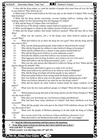 hfhfh
30
ALNOUR Secondary Stage " Year Two" "Gulliver's Travels "
3- How did the King reduce ‫مان‬ ‫خفا‬ the number of people who came from all over the land
to see Gulliver? Why did he do so?
4- What kind of food would Gulliver be fed every day on the island of Lilliput? Who would
help feed him?
5- What did the King decide concerning ‫اوص‬‫ا‬‫بخص‬ feeding Gulliver, looking after him,
making clothes for him and teaching him the language of Lilliput?
6- Why did the King of Lilliput often visit Gulliver?
7- What did two of the King's soldiers search Gulliver's pockets for?
8- What would happen to whatever the soldiers found in Gulliver's pockets?
9- What did the King's soldiers find inside Gulliver's pockets? What did they fail to find?
Why?
10- What was the reaction ‫فعال‬ ‫رد‬ of the King's men when Gulliver picked up his
sword? Why?
11- What did Gulliver do to show the King his two guns? How did the King and his
men react to this?
12- Why was the King puzzled greatly when Gulliver showed him his watch?
13- Why did the King ask his soldiers to take Gulliver's things to his palace?
14- When did the children have a chance to play games around Gulliver?
15- Why did the King invite Gulliver to some important events?
16- Describe the athletic event that Gulliver was invited to attend.
17- What happened when the King decided to show Gulliver the size of his army?
18- What did Gulliver ask the King persistently? ‫بإلحاح‬ / ‫بإصرار‬
19- Who was the only person that objected to Gulliver's being set free? When did this
person change his attitude? ‫موقفه‬
20- What promises did Gulliver agree to in order to be set free?
21- What must Gulliver be careful not to do when he went to Mildendo?
22- Why did the King of Lilliput tell all the people to stay indoors?
23- What prevented Gulliver from seeing inside the King's palace at first?
24- How was Gulliver able to step over the palace without damaging any walls?
25- What was Gulliver pleased to see when he saw the King's rooms?
26- What did the Queen do when Gulliver looked inside the larger windows of the
palace?
27- What were the two main political groups in Lilliput? What did they dispute over?
‫بشأنه‬ ‫تنازعا‬
28- Which political group did each of the King and his son the Prince belong to? What
was the result of this?
29- Why did a war first break out ‫نشبت‬ between Lilliput and Blefuscu?
30- Why had there been many rebellions in Lilliput? Had these rebellions ever been
successful?
31- What did the people who took part in the failed ‫الفاشالة‬ rebellions always do? What
was the result of this?
32- What were the people of Blefuscu planning to do that made the King of Lilliput
worried?
33- How was the result of the war between Lilliput and Blefuscu disastrous? ‫كارثية‬
34- What did Gulliver tell Reldresal that made the latter ‫األخير‬ very happy?
(C) Read the following quotations and then answer the questions:
1- "Your King wants to keep me tied up, but I don't mind if you're free."
Who said this? To whom?
Which country was that king ruler of? ‫عليها‬ ‫حاكم‬
 