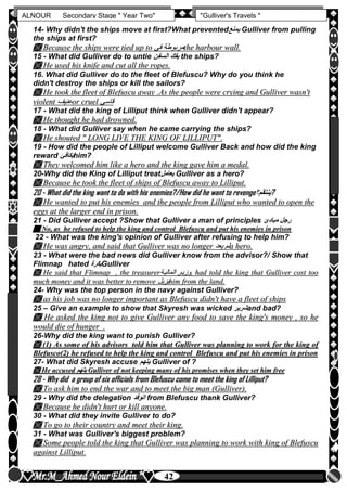 hfhfh
42
ALNOUR Secondary Stage " Year Two" "Gulliver's Travels "
14- Why didn't the ships move at first?What prevented‫يمنع‬ Gulliver from pulling
the ships at first?
 BBeeccaauussee tthhee sshhiippss wweerree ttiieedd uupp ttoo ‫فى‬ ‫مربوطة‬‫فى‬ ‫مربوطة‬tthhee hhaarrbboouurr wwaallll..
15 - What did Gulliver do to untie ‫السفن‬ ‫يفك‬ the ships?
 HHee uusseedd hhiiss kknniiffee aanndd ccuutt aallll tthhee rrooppeess..
16. What did Gulliver do to the fleet of Blefuscu? Why do you think he
didn't destroy the ships or kill the sailors?
 HHee ttooookk tthhee fflleeeett ooff BBlleeffuussccuu aawwaayy ..AAss tthhee ppeeooppllee wweerree ccrryyiinngg aanndd GGuulllliivveerr wwaassnn''tt
vviioolleenntt ‫عنيف‬‫عنيف‬oorr ccrruueell ‫قاسى‬‫قاسى‬
17 - What did the king of Lilliput think when Gulliver didn't appear?
 HHee tthhoouugghhtt hhee hhaadd ddrroowwnneedd..
18 - What did Gulliver say when he came carrying the ships?
 HHee sshhoouutteedd "" LLOONNGG LLIIVVEE TTHHEE KKIINNGG OOFF LLIILLLLIIPPUUTT""..
19 - How did the people of Lilliput welcome Gulliver Back and how did the king
reward ‫يكافئ‬him?
 TThheeyy wweellccoommeedd hhiimm lliikkee aa hheerroo aanndd tthhee kkiinngg ggaavvee hhiimm aa mmeeddaall..
20-Why did the King of Lilliput treat‫يعامل‬ Gulliver as a hero?
 BBeeccaauussee hhee ttooookk tthhee fflleeeett ooff sshhiippss ooff BBlleeffuussccuu aawwaayy ttoo LLiilllliippuutt..
20 - What did the king want to do with his enemies?/How did he want to revenge‫?ينتقم؟‬
 HHee wwaanntteedd ttoo ppuutt hhiiss eenneemmiieess aanndd tthhee ppeeooppllee ffrroomm LLiilllliippuutt wwhhoo wwaanntteedd ttoo ooppeenn tthhee
eeggggss aatt tthhee llaarrggeerr eenndd iinn pprriissoonn..
21 - Did Gulliver accept ?Show that Gulliver a man of principles ‫مبادئ‬ ‫رجل‬
 NNoo,, aass hhee rreeffuusseedd ttoo hheellpp tthhee kkiinngg aanndd ccoonnttrrooll BBlleeffuussccuu aanndd ppuutt hhiiss eenneemmiieess iinn pprriissoonn
22 - What was the king's opinion of Gulliver after refusing to help him?
 HHee wwaass aannggrryy,, aanndd ssaaiidd tthhaatt GGuulllliivveerr wwaass nnoo lloonnggeerr ‫يعد‬ ‫لم‬‫يعد‬ ‫لم‬aa hheerroo..
23 - What were the bad news did Gulliver know from the advisor?/ Show that
Flimnap hated ‫يكرة‬Gulliver
 HHee ssaaiidd tthhaatt FFlliimmnnaapp ,, tthhee ttrreeaassuurreerr‫المالياة‬ ‫وزيار‬‫المالياة‬ ‫وزيار‬,, hhaadd ttoolldd tthhee kkiinngg tthhaatt GGuulllliivveerr ccoosstt ttoooo
mmuucchh mmoonneeyy aanndd iitt wwaass bbeetttteerr ttoo rreemmoovvee ‫يزيل‬‫يزيل‬hhiimm ffrroomm tthhee llaanndd..
24- Why was the top person in the navy against Gulliver?
 aass hhiiss jjoobb wwaass nnoo lloonnggeerr iimmppoorrttaanntt aass BBlleeffuussccuu ddiiddnn''tt hhaavvee aa fflleeeett ooff sshhiippss
25 – Give an example to show that Skyresh was wicked ‫شرير‬and bad?
 HHee aasskkeedd tthhee kkiinngg nnoott ttoo ggiivvee GGuulllliivveerr aannyy ffoooodd ttoo ssaavvee tthhee kkiinngg''ss mmoonneeyy ,, ssoo hhee
wwoouulldd ddiiee ooff hhuunnggeerr ..
26-Why did the king want to punish Gulliver?
 ((11)) AAss ssoommee ooff hhiiss aaddvviissoorrss ttoolldd hhiimm tthhaatt GGuulllliivveerr wwaass ppllaannnniinngg ttoo wwoorrkk ffoorr tthhee kkiinngg ooff
BBlleeffuussccoo((22)) hhee rreeffuusseedd ttoo hheellpp tthhee kkiinngg aanndd ccoonnttrrooll BBlleeffuussccuu aanndd ppuutt hhiiss eenneemmiieess iinn pprriissoonn
27- What did Skyresh accuse ‫يتهم‬ Gulliver of ?
 HHee aaccccuusseedd ‫يتهم‬‫يتهم‬ GGuulllliivveerr ooff nnoott kkeeeeppiinngg mmaannyy ooff hhiiss pprroommiisseess wwhheenn tthheeyy sseett hhiimm ffrreeee
28 - Why did a group of six officials from Blefuscu come to meet the king of Lilliput?
 TToo aasskk hhiimm ttoo eenndd tthhee wwaarr aanndd ttoo mmeeeett tthhee bbiigg mmaann ((GGuulllliivveerr))..
29 - Why did the delegation ‫الوفد‬ from Blefuscu thank Gulliver?
 BBeeccaauussee hhee ddiiddnn''tt hhuurrtt oorr kkiillll aannyyoonnee..
30 - What did they invite Gulliver to do?
 TToo ggoo ttoo tthheeiirr ccoouunnttrryy aanndd mmeeeett tthheeiirr kkiinngg..
31 - What was Gulliver's biggest problem?
 SSoommee ppeeooppllee ttoolldd tthhee kkiinngg tthhaatt GGuulllliivveerr wwaass ppllaannnniinngg ttoo wwoorrkk wwiitthh kkiinngg ooff BBlleeffuussccuu
aaggaaiinnsstt LLiilllliippuutt..
 