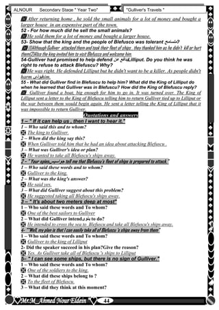 hfhfh
44
ALNOUR Secondary Stage " Year Two" "Gulliver's Travels "
 AAfftteerr rreettuurrnniinngg hhoommee ,, hhee ssoolldd tthhee ssmmaallll aanniimmaallss ffoorr aa lloott ooff mmoonneeyy aanndd bboouugghhtt aa
llaarrggeerr hhoouussee iinn aann eexxppeennssiivvee ppaarrtt ooff tthhee ttoowwnn..
52 - For how much did he sell the small animals?
 HHee ssoolldd tthheemm ffoorr aa lloott ooff mmoonneeyy aanndd bboouugghhtt aa llaarrggeerr hhoouussee..
53- Show that the king and the people of Blefusco was tolerant ‫متسامح‬?
 ((11))AAlltthhoouugghh GGuulllliivveerr aattttaacckkeedd tthheemm aanndd ttooookk tthheeiirr fflleeeett ooff sshhiippss ,, tthheeyy tthhaannkkeedd hhiimm aass hhee ddiiddnn''tt kkiillll oorr hhuurrtt
tthheemm((22))AAllssoo tthhee kkiinngg iinnvviitteedd hhiimm ttoo vviissiitt BBlleeffuussccoo aanndd wweellccoommee hhiimm..
54-Gulliver had promised to help defend ‫عن‬ ‫يدافع‬Lilliput. Do you think he was
right to refuse to attack Blefuscu? Why?
 HHee wwaass rriigghhtt.. HHee ddeeffeennddeedd LLiilllliippuutt bbuutt hhee ddiiddnn''tt wwaanntt ttoo bbee aa kkiilllleerr.. AAss ppeeooppllee ddiiddnn''tt
hhaarrmm ‫يؤذى‬‫يؤذى‬hhiimm..
55 - What did Gulliver find in Blefuscu to help him? What did the King of Lilliput do
when he learned that Gulliver was in Blefuscu? How did the King of Blefuscu reply?
 GGuulllliivveerr ffoouunndd aa bbooaatt,, bbiigg eennoouugghh ffoorr hhiimm ttoo ggoo iinn.. IItt wwaass ttuurrnneedd oovveerr.. TThhee KKiinngg ooff
LLiilllliippuutt sseenntt aa lleetttteerr ttoo tthhee KKiinngg ooff BBlleeffuussccuu tteelllliinngg hhiimm ttoo rreettuurrnn GGuulllliivveerr ttiieedd uupp ttoo LLiilllliippuutt oorr
tthhee wwaarr bbeettwweeeenn tthheemm wwoouulldd bbeeggiinn aaggaaiinn.. HHee sseenntt aa lleetttteerr tteelllliinngg tthhee KKiinngg ooff LLiilllliippuutt tthhaatt iitt
wwaass iimmppoossssiibbllee ttoo rreettuurrnn GGuulllliivveerr..
Quotations and answers
1 – " If it can help us , then I want to hear it."
1 – Who said this and to whom?
 The king to Gulliver.
2 – When did the king say this?
 When Gulliver told him that he had an idea about attacking Blefuscu .
3 – What was Gulliver's idea or plan?
 He wanted to take all Blefuscu's ships away.
2 – " Your spies‫جواسيس‬ tell me that Blefuscu's fleet of ships is prepared to attack."
1 – Who said these words and to whom?
 Gulliver to the king.
2 – What was the king's answer?
 He said yes.
3 – What did Gulliver suggest about this problem?
 He suggested taking all Blefuscu's ships away.
3 – " It's about two meters deep at most"
1 – Who said these words and To whom?
 One of the best sailors to Gulliver
2 – What did Gulliver intend‫ينوى‬ to do?
 He intended to cross the sea to Blefuscu and take all Blefuscu's ships away.
4- ""Well, my plan is that I can easily take all of Blefuscu 's ships away from them"
1 – Who said these words and To whom?
 Gulliver to the king of Lilliput
2- Did the speaker succeed in his plan?Give the reason?
 Yes. As Gulliver take all of Blefuscu 's ships to Lilliput
5– " I can see some ships, but there is no sign of Gulliver."
1 – Who said these words and To whom?
 One of the soldiers to the king.
2 – What did these ships belong to ?
 To the fleet of Blefuscu.
3 – What did they think at this moment?
 
