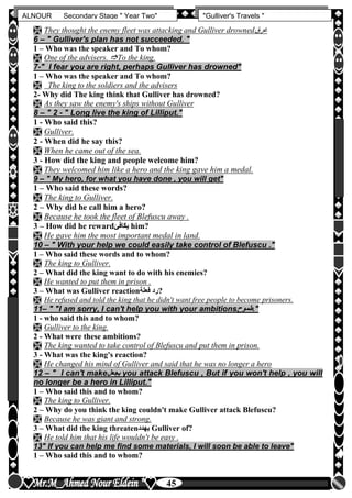 hfhfh
45
ALNOUR Secondary Stage " Year Two" "Gulliver's Travels "
 They thought the enemy fleet was attacking and Gulliver drowned‫غرق‬
6 – " Gulliver's plan has not succeeded. "
1 – Who was the speaker and To whom?
 One of the advisers. To the king.
7-" I fear you are right, perhaps Gulliver has drowned"
1 – Who was the speaker and To whom?
 The king to the soldiers and the advisers
2- Why did The king think that Gulliver has drowned?
 As they saw the enemy's ships without Gulliver
8 – " 2 - " Long live the king of Lilliput."
1 - Who said this?
 Gulliver.
2 - When did he say this?
 When he came out of the sea.
3 - How did the king and people welcome him?
 They welcomed him like a hero and the king gave him a medal.
9 – " My hero, for what you have done , you will get"
1 – Who said these words?
 The king to Gulliver.
2 – Why did he call him a hero?
 Because he took the fleet of Blefuscu away .
3 – How did he reward‫يكافئ‬ him?
 He gave him the most important medal in land.
10 – " With your help we could easily take control of Blefuscu ."
1 – Who said these words and to whom?
 The king to Gulliver.
2 – What did the king want to do with his enemies?
 He wanted to put them in prison .
3 – What was Gulliver reaction‫فعلة‬ ‫?رد‬
 He refused and told the king that he didn't want free people to become prisoners.
11– " "I am sorry, I can't help you with your ambitions‫طموح‬."
1 - who said this and to whom?
 Gulliver to the king.
2 - What were these ambitions?
 The king wanted to take control of Blefuscu and put them in prison.
3 - What was the king's reaction?
 He changed his mind of Gulliver and said that he was no longer a hero
12 – " I can't make‫يجعل‬ you attack Blefuscu , But if you won't help , you will
no longer be a hero in Lilliput."
1 – Who said this and to whom?
 The king to Gulliver.
2 – Why do you think the king couldn't make Gulliver attack Blefuscu?
 Because he was giant and strong.
3 – What did the king threaten‫يهدد‬ Gulliver of?
 He told him that his life wouldn't be easy .
13" If you can help me find some materials, I will soon be able to leave"
1 – Who said this and to whom?
 
