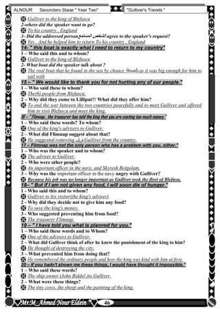hfhfh
46
ALNOUR Secondary Stage " Year Two" "Gulliver's Travels "
 Gulliver to the king of Blefuscu
2-where did the speaker want to go?
 To his country , England
3- Did the addressed person‫المستمع‬ ‫الشخص‬ agree to the speaker's request?
 Yes . And he helped him to return To his country , England
14- " this boat is exactly what I need to return to my country"
1 – Who said this and to whom?
 Gulliver to the king of Blefuscu
2- What boat did the speaker talk about ?
 The real boat that he found in the sea by chance ‫بالصدفة‬ as it was big enough for him to
sail with
15 – " We would like to thank you for not hurting any of our people."
1 – Who said these to whom?
 The(6) people from Blefuscu.
2 – Why did they come to Lilliput?/ What did they offer him?
 To end the war between the two countries peacefully and to meet Gulliver and offered
him to visit Blefuscu and meet the king.
16 – " Flimnap , the treasurer has told the king that you are costing too much money."
1 – Who said these words? To whom?
 One of the king's advisers to Gulliver.
2 – What did Flimnap suggest about that?
 He suggested removing ‫يزيل‬ Gulliver from the country.
17 – Flimnap was not the only person who has a problem with you, either."
1 – Who was the speaker and to whom?
 The adviser to Gulliver.
2 – Who were other people?
 An important officer in the navy, and Skyresh Bolgolam.
3 – Why was the important officer in the navy angry with Gulliver?
 Because his job was no longer important as Gulliver took the fleet of Blefusu.
18– " But if I am not given any food, I will soon die of hunger."
1 - Who said this and to whom?
 Gulliver to his visitor(the king's adviser)
2 - Why did they decide not to give him any food?
 To save the king's money.
3 - Who suggested preventing him from food?
 The treasurer Flimnap.
19 – " I have told you what is planned for you."
1 – Who said these words and to Whom?
 One of the advisers to Gulliver.
2 – What did Gulliver think of after he knew the punishment of the king to him?
 He thought of destroying the city.
3 – What prevented him from doing that?
 He remembered the ordinary people and how the king was kind with him at first.
20 – If you hadn't shown me these things, I would have thought it impossible."
1 – Who said these words?
 The ship owner (John Biddel )to Gulliver.
2 – What were these things?
 The tiny cows, the sheep and the painting of the king.
 